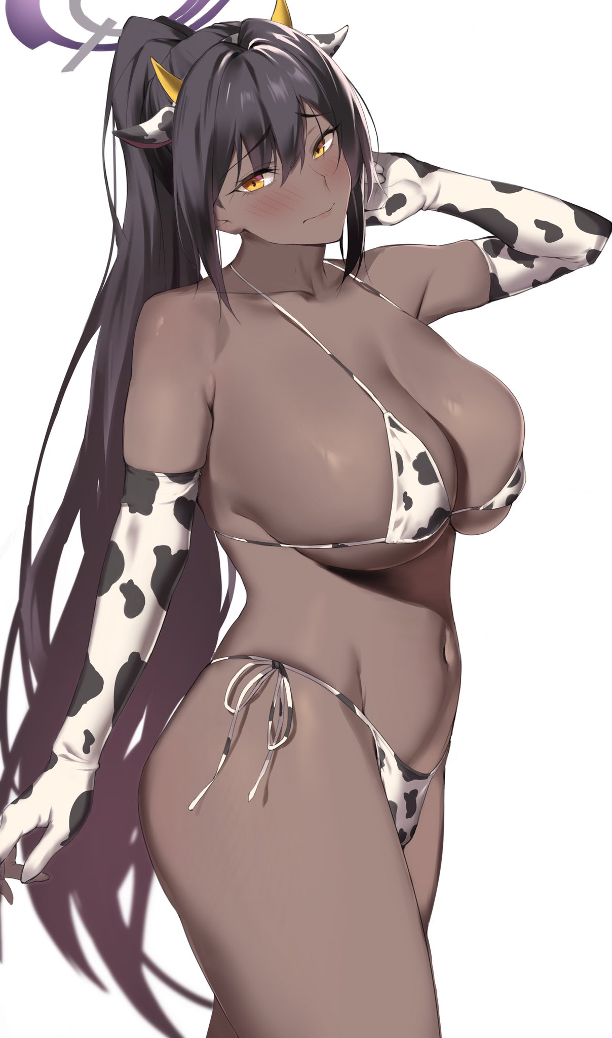 1girls 2022 bikini black_hair blue_archive blush breasts brown_skin cow_print cow_print_bikini dark-skinned_female dark_skin embarrassed female female_only halo hips huge_breasts ichinose_(ichinose1592) karin_(blue_archive) long_hair looking_at_viewer ponytail slim_waist thick_thighs thighs wide_hips yellow_eyes