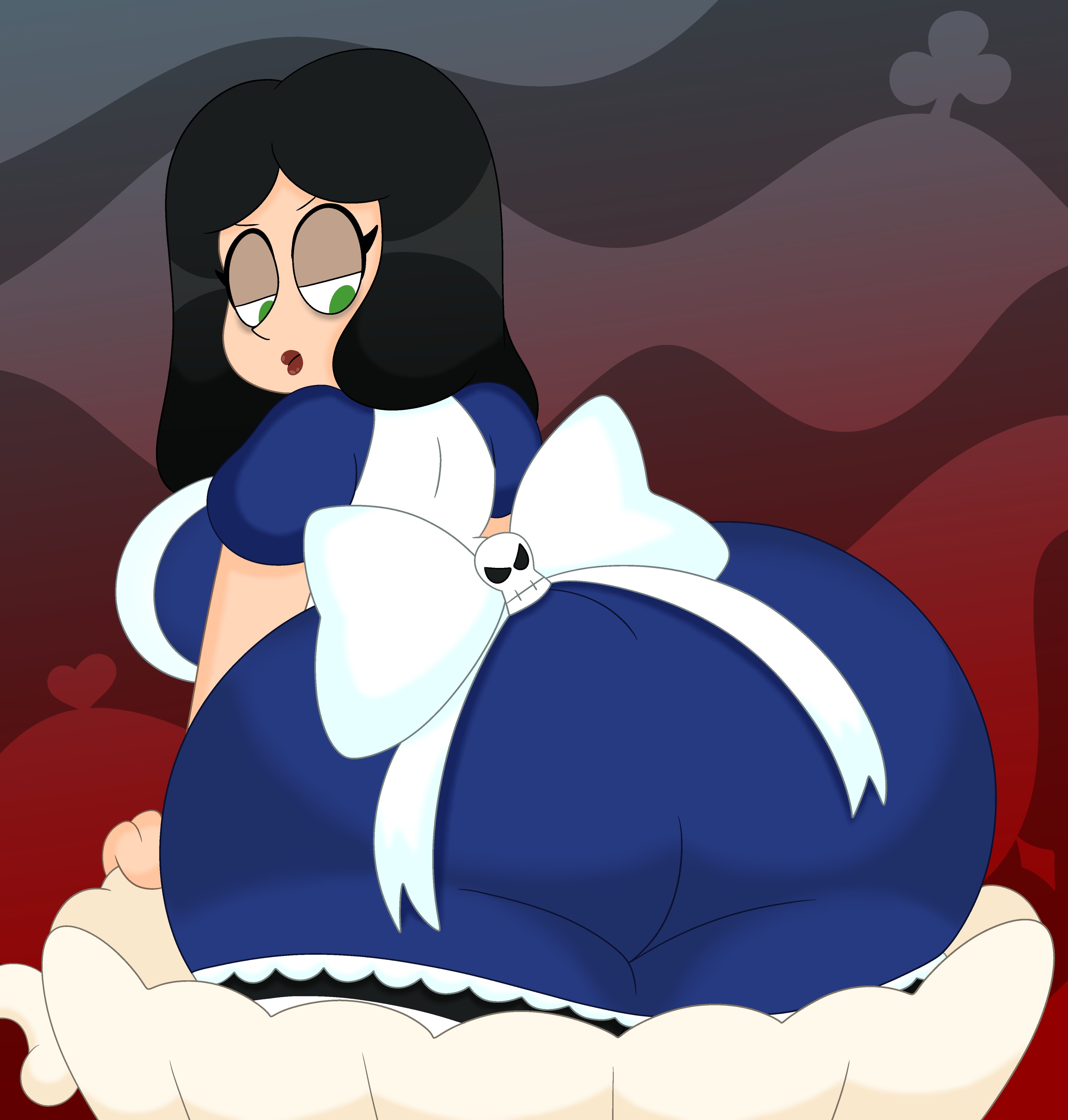 1girls, 2d, 3barts, alice (madness returns), alice in wonderland, alice liddell, alice madness returns, american mcgee's alice, ass, ass in dress, bent over, big ass, black hair, breasts, bubble ass, bubble butt, clothing, dress, female, female only, green eyes, huge ass, knife, solo, solo female, thick thighs, vorpal blade, wide hips