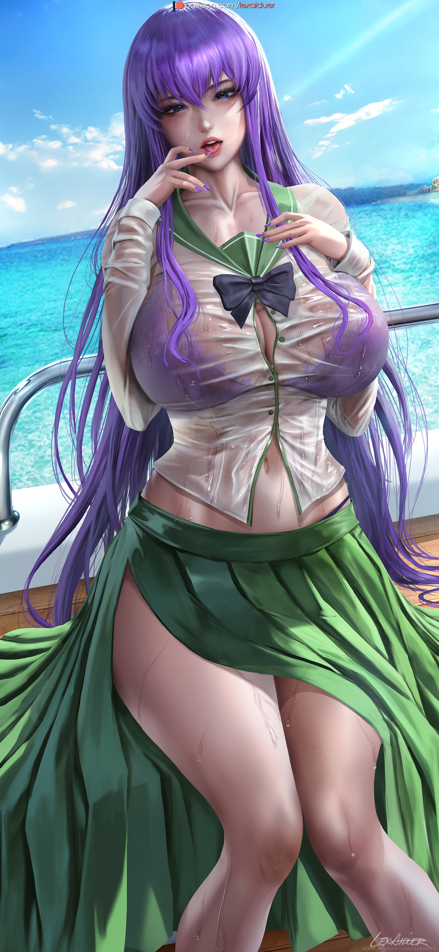 1girls, big breasts, blue eyes, breasts, clothed, clothing, female, highschool of the dead, lexaiduer, light skin, light-skinned female, naked, nipples, purple hair, saeko busujima, school uniform, see-through clothing, solo, uncensored, water