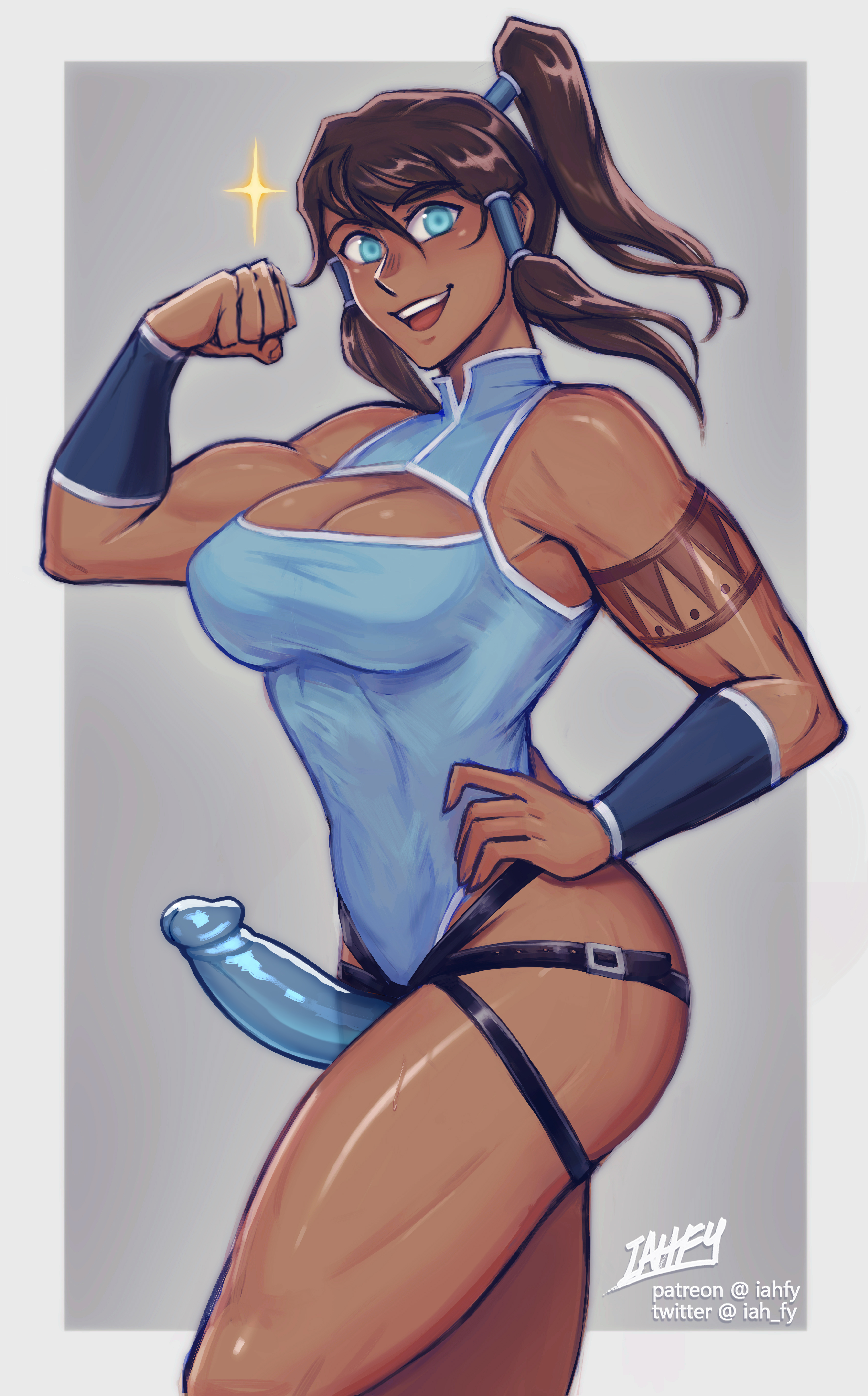1girls, absurd res, artist name, athletic, avatar legends, big breasts, blue dildo, blue strap-on, breasts, chinese clothes, cleavage, clothing, dark skin, dildo, eyelashes, eyeliner, female, female only, hi res, iahfy, korra, large breasts, leotard, long hair, makeup, muscular, muscular female, owler, presenting strap-on, smooth skin, solo, solo female, strap-on, strap-on dildo, strapon, the avatar, the legend of korra, water tribe