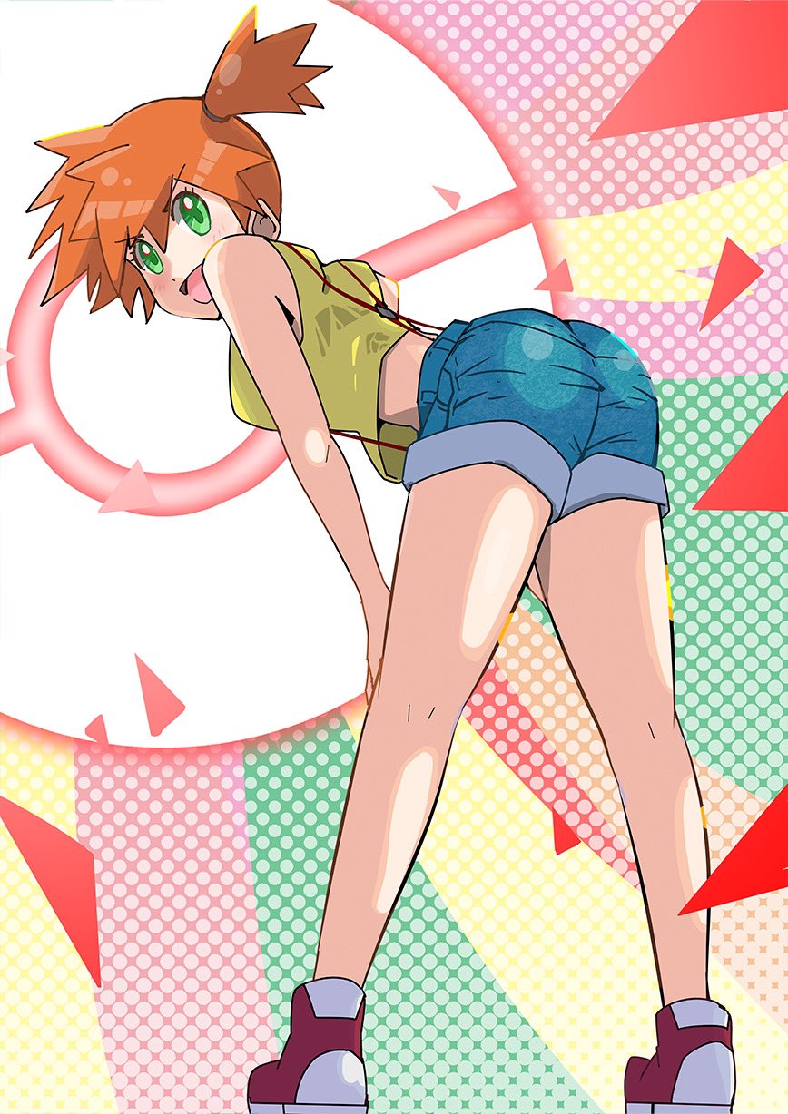 1girl 1girls 2020s 2022 anime ass asymmetrical_hair bent_over blue_bottomwear blush breasts confidence confident confident_smile creatures_(company) dat_ass denim denim_shorts ecstasy female female_only game_freak gen_1_pokemon green_eyes gym_leader hands_on_knees heroine highres kasumi_(pokemon) kneepits legs looking_at_viewer looking_back looking_back_at_viewer manga mixed_emotions nintendo orange_hair pokemon pokemon_(anime) pokemon_(game) pokemon_rgby ponytail rear_view shirt short_hair short_shorts shorts side_ponytail smile solo spread_legs strong_tomboy_(spectrum) tank_top thighs tied_hair tomboy two_tone_footwear two_tone_footwear_(redandwhite) video_games yellow_shirt yellow_topwear