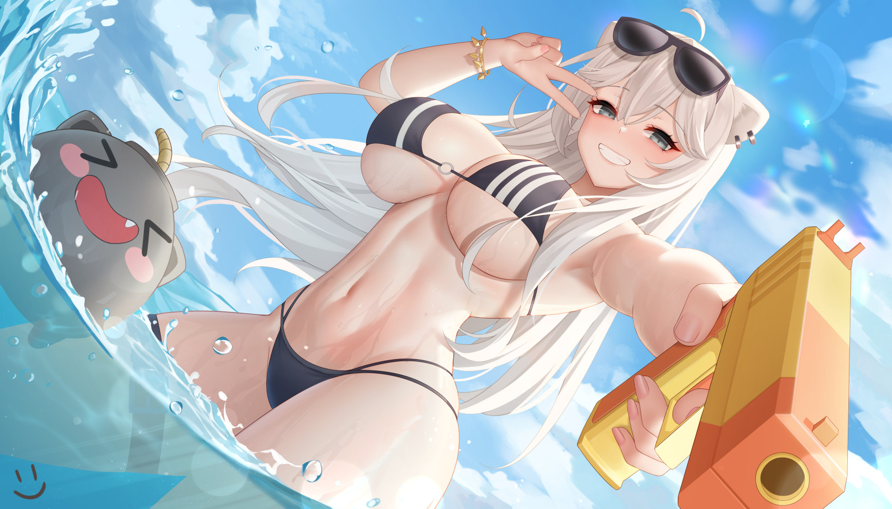 1girls, 2022, ahoge, animal ears, beach, bikini, black bikini, breasts, female, female only, grin, hips, holding object, hololive, hololive gen 5, hololive japan, huge breasts, large breasts, light skin, light-skinned female, lion ears, lion girl, long hair, outdoors, peace sign, shishiro botan, silver eyes, slim waist, smile, sunglasses, sunglasses on head, thick thighs, thighs, virtual youtuber, water, water gun, wei xiao, wet, white hair, wide hips
