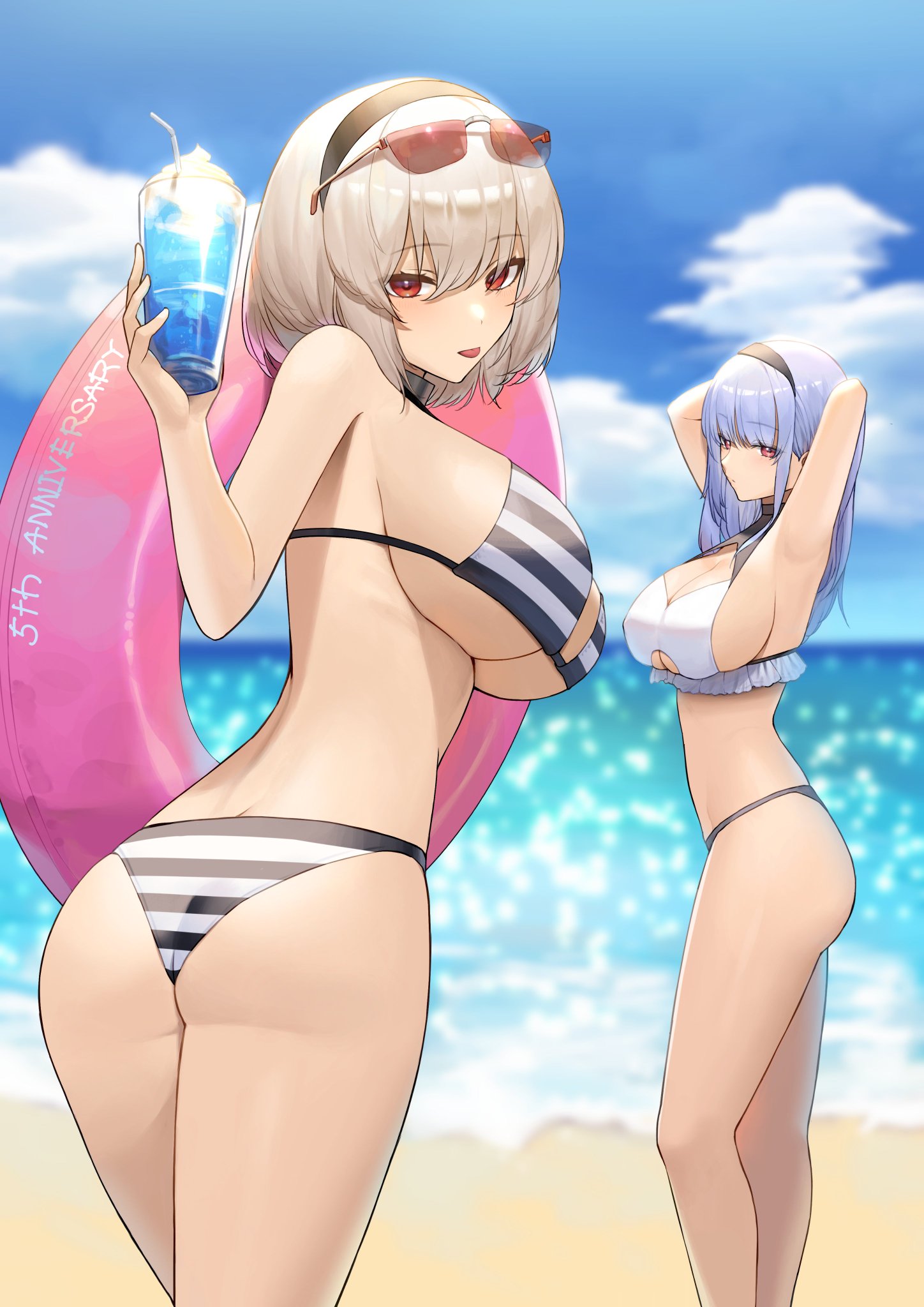 2girls, alternate breast size, azur lane, beach, big breasts, bikini bottom, breasts, bulging breasts, busty, curvy female, curvy figure, dido (azur lane), female, female only, female penetrated, glasses on head, long hair, looking at viewer, lordol, purple hair, short hair, sirius (azur lane), tagme, white hair