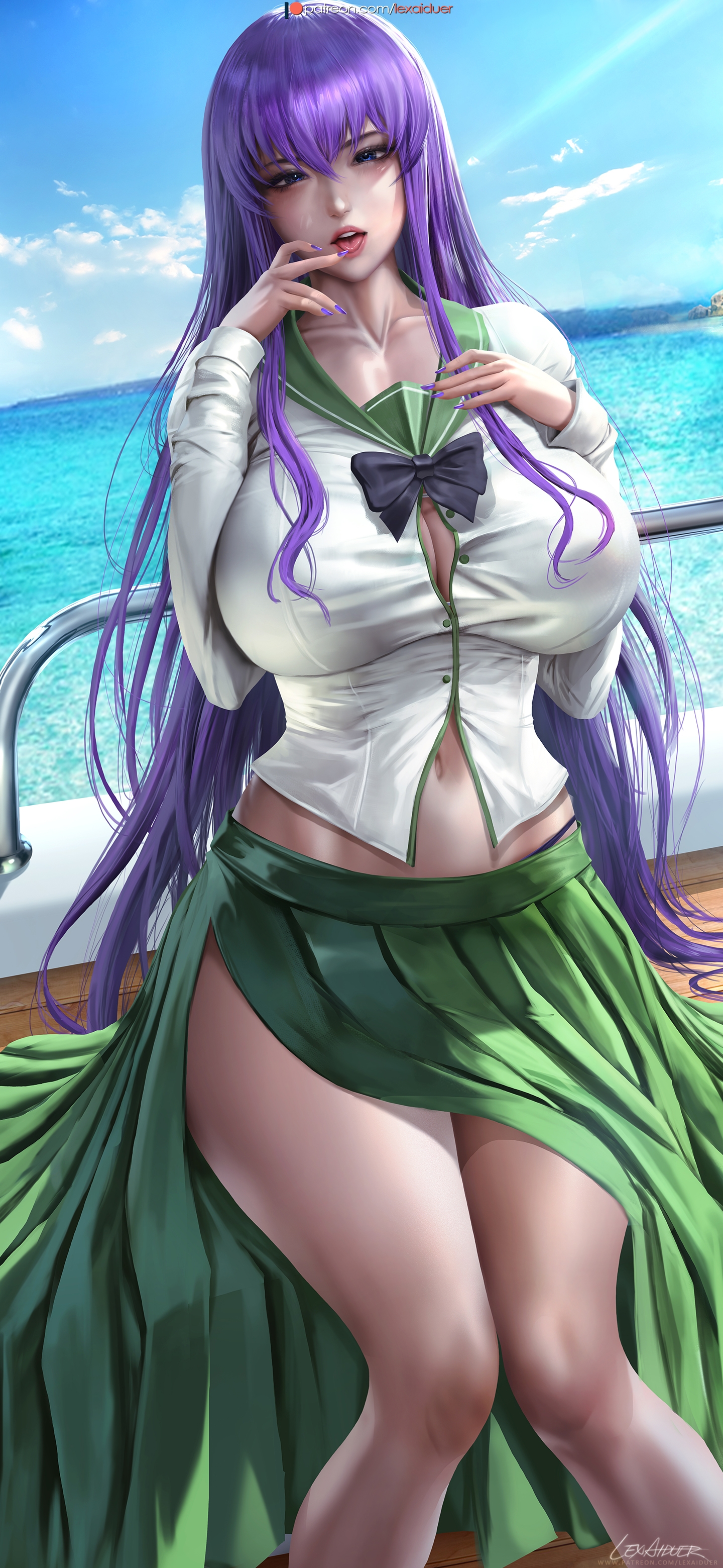 1girls, big breasts, blue eyes, breasts, clothed, clothing, female, highschool of the dead, lexaiduer, light skin, light-skinned female, naked, nipples, purple hair, saeko busujima, school uniform, solo, uncensored, water