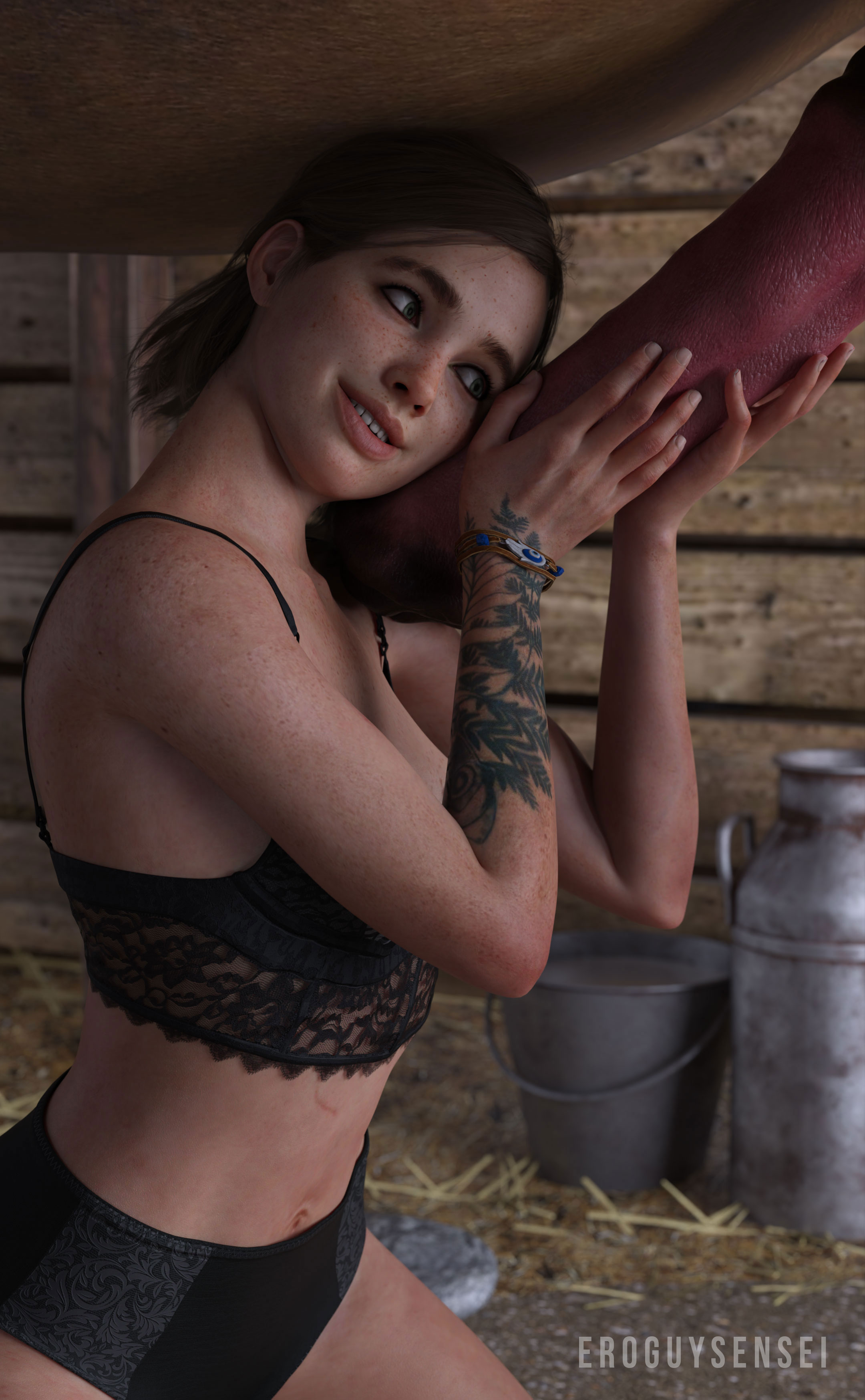 1animal, 1girls, 3d, 3d (artwork), animal genitalia, animal penis, arm tattoo, bra, brown hair, cute, ellie (the last of us), ellie williams, erect penis, erection, eroguysensei, eyebrow slits, eyeliner, farm, female, female focus, freckles, gigantic penis, green eyes, half updo, happy, hi res, highres, horse, horse penis, horsecock, huge cock, imminent deepthroat, imminent oral, kneeling, lace, lace-trimmed bra, lace-trimmed panties, lesbian, light skin, light-skinned female, lingerie, looking at penis, male, midriff, naughty dog, on knees, oral, pale skin, pale-skinned female, panties, penis, penis on face, petite, short hair, skinny, smile, sony interactive entertainment, stomach, tattoo, tattoo on arm, tattooed arm, teenager, the last of us, the last of us 2, tied hair, toned, toned female, toned stomach, zoophilia