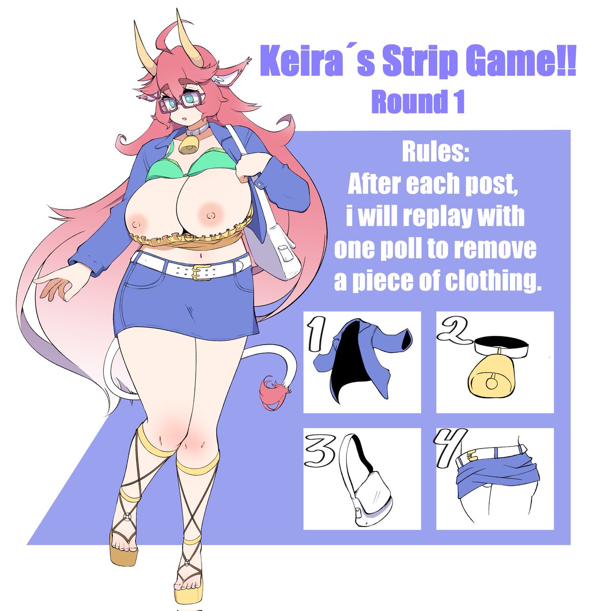 big_breasts exposed_breasts gatocartoon horns keira_(oc) pink_hair short_skirt strip_game twitter_poll_series