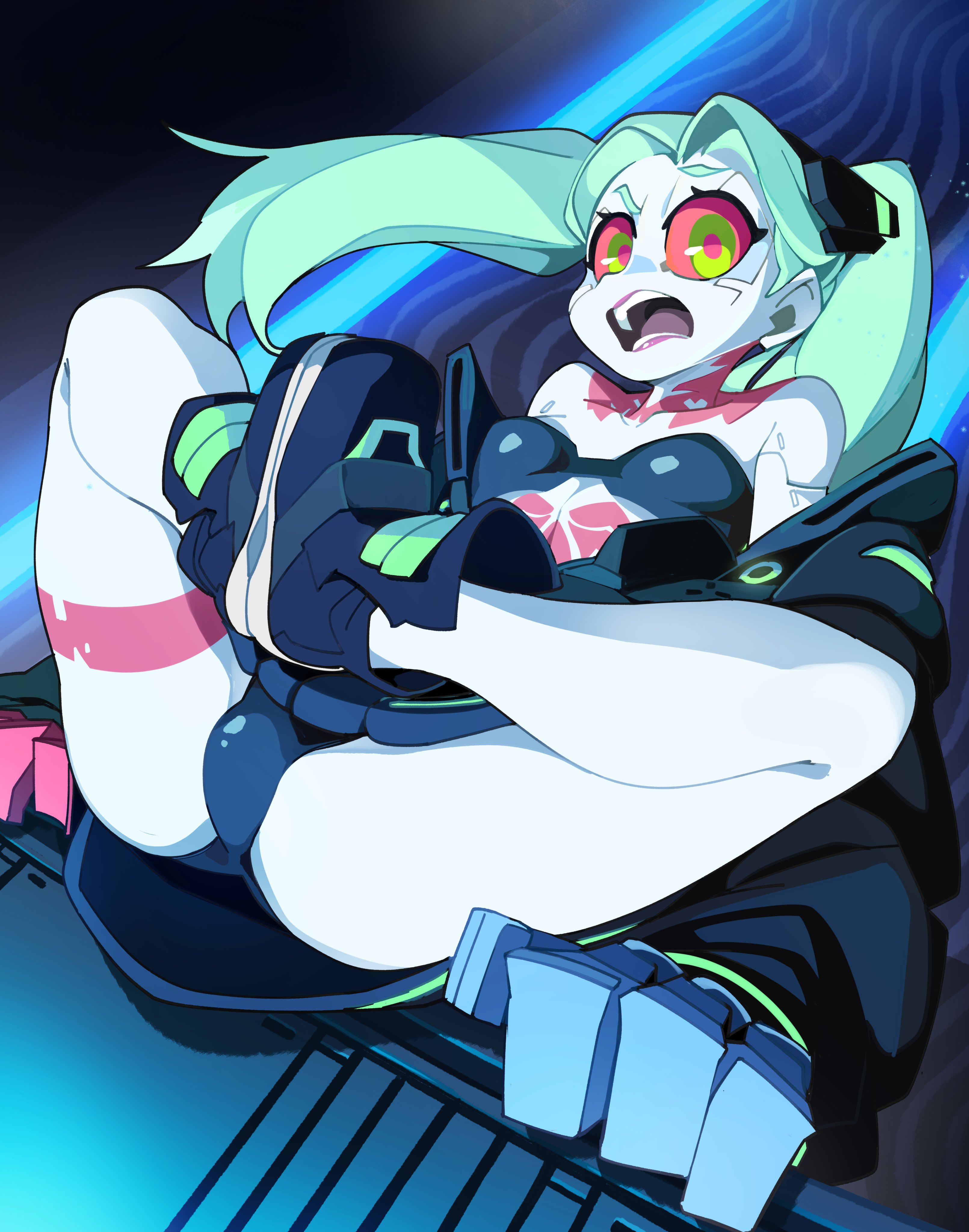 anime, bongfillstudent, clothing, cybernetics, cyberpunk 2077, cyberpunk: edgerunners, cyborg, feet together, female, footwear, green eyes, groan, human, light blue hair, looking at viewer, mechanical arms, netflix, no artist signature, no source, nonsexual, open mouth, outerwear, pale skin, pussy, rebecca (edgerunners), red sclera, solo, twintails