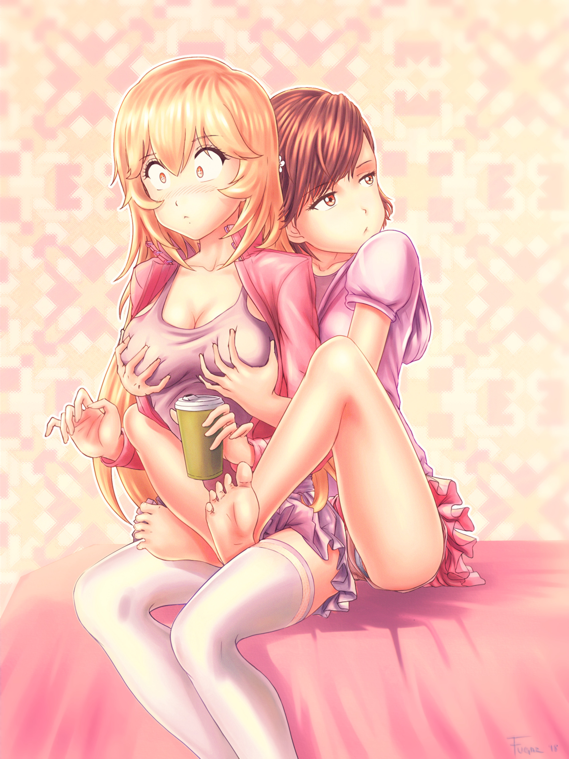 :<, 10s, 2018, 2girls, artist name, bare legs, bare thighs, barefoot, bed, blonde hair, blush, breast grab, breasts, brown eyes, brown hair, casual, cleavage, clothed, clothed female, collarbone, cup, dated, eyes wide open, female, fugaz-san (pandopanda), grabbing from behind, hair flower, hair ornament, hi res, holding cup, hoodie, indoors, large breasts, leg lock, long hair, looking away, matching hair/eyes, miniskirt, misaka mikoto, panties, panties visible through clothing, pantyshot, pink skirt, purple skirt, shokuhou misaki, short hair, shorts, simple background, sitting, sitting on bed, skirt, socks, starry eyes, teenage female, teenager, teenager on teenager, thigh socks, thighhighs, thighs, to aru kagaku no railgun, to aru majutsu no index, toes, unusual anatomy, unusual eyes, unusual pupils, white panties, white socks, white thighhighs, yellow eyes, young, yuri