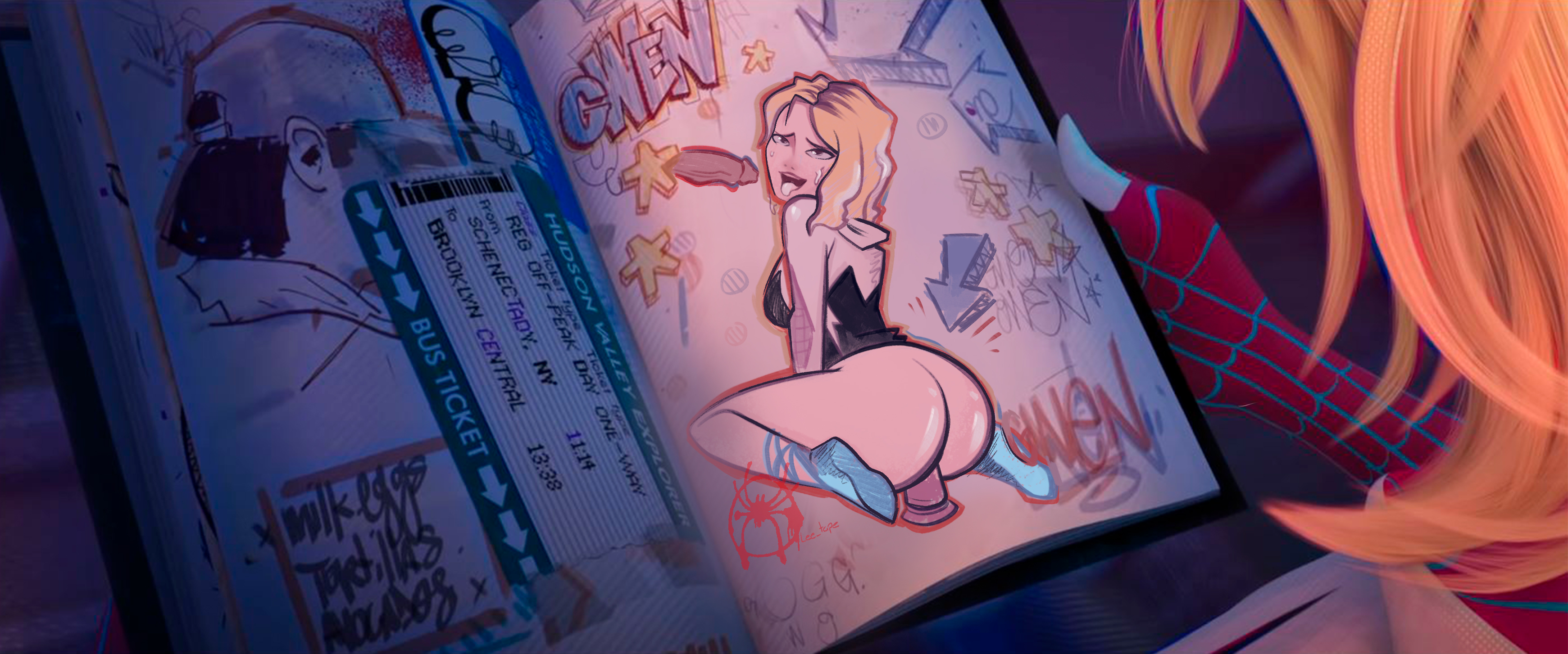 1boy, 1girls, accurate art style, arrow, ass, blowjob face, book, bottomless, canonical scene, cum in mouth, dark skin, dark-skinned male, dildo, disembodied penis, female, gwen art check, gwen stacy, male, marvel, marvel comics, masturbation, meme, miles morales, on knees, penis, reading, sex toy, spider-gwen, spider-man (series), spider-man: into the spider-verse