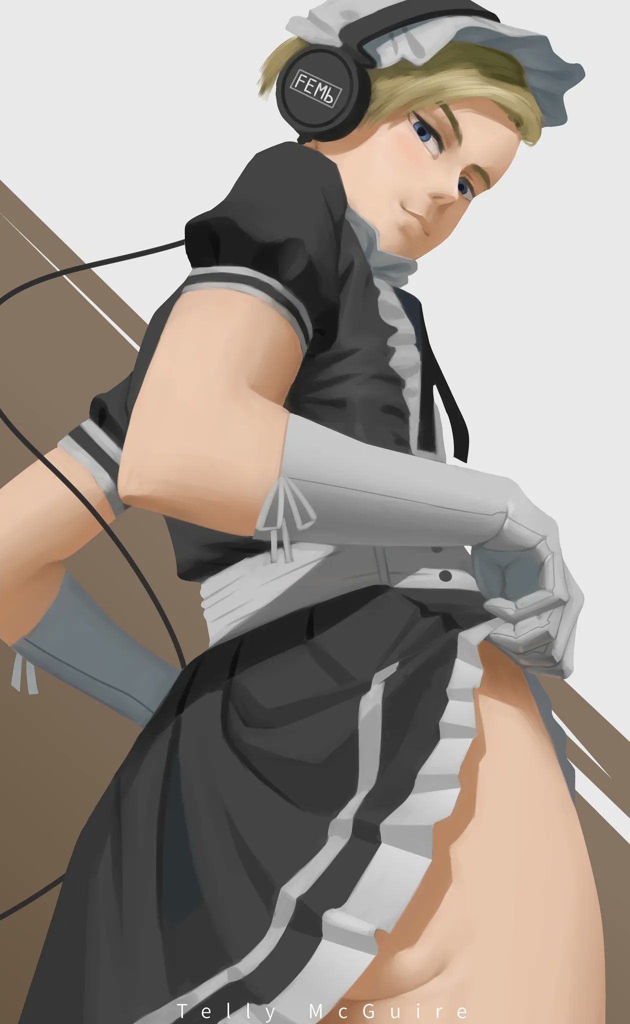 ass, blonde hair, blue eyes, femboy, feminine male, headphones, lifting skirt, looking at viewer, maid uniform, male, pyrocynical, real person, tagme, telly mcguire, white gloves, white skin