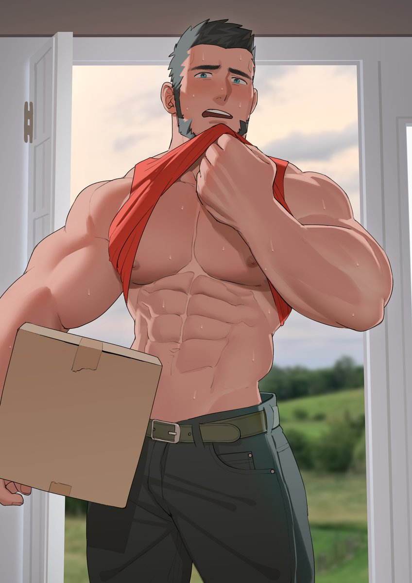 abs bara beard bearded big_arms black_hair blue_eyes bulwyn clothed clothing delivery_boy delivery_employee dressed gay jeans large_pectorals male male_only muscle muscles muscular muscular_arms nipples nywlub_(bulwyn) package pecs pectorals shirt shirt_lift shirt_up solo sweat sweating wet wet_body