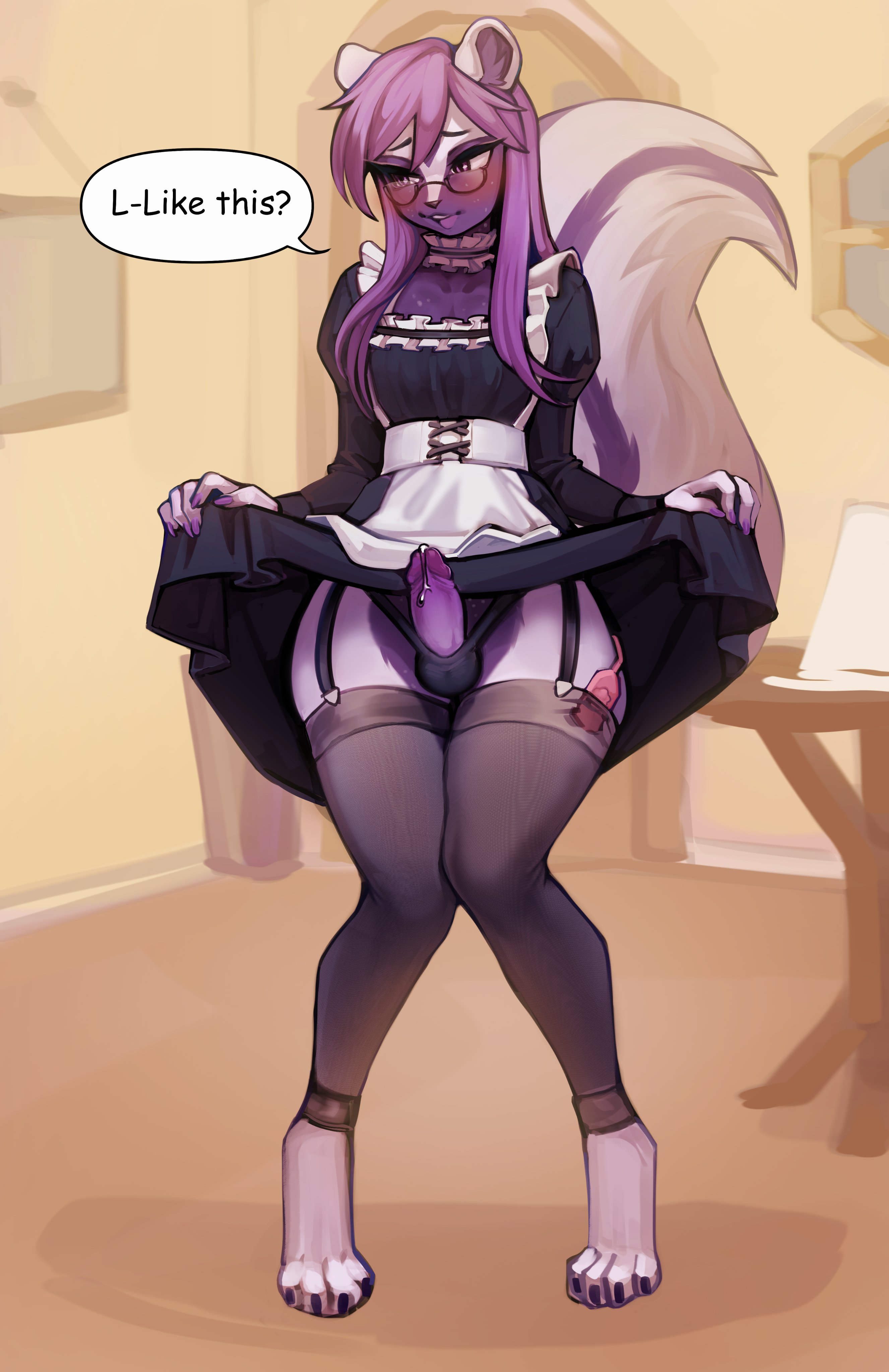 absurd res, anthro, balls, balls in panties, barefoot, black clothing, black panties, black underwear, blush, claws, clothed, clothing, clothing lift, crossdressing, digital media (artwork), dress, dress lift, english text, erection, eyewear, feet, femboy, full-length portrait, genitals, girly, glasses, hair, hi res, hindpaw, inside, legwear, long hair, maid uniform, male, mammal, mephitid, panties, paws, penis, portrait, purple hair, romarom, shaded, skunk, solo, speech bubble, standing, stockings, text, toe claws, underwear, uniform