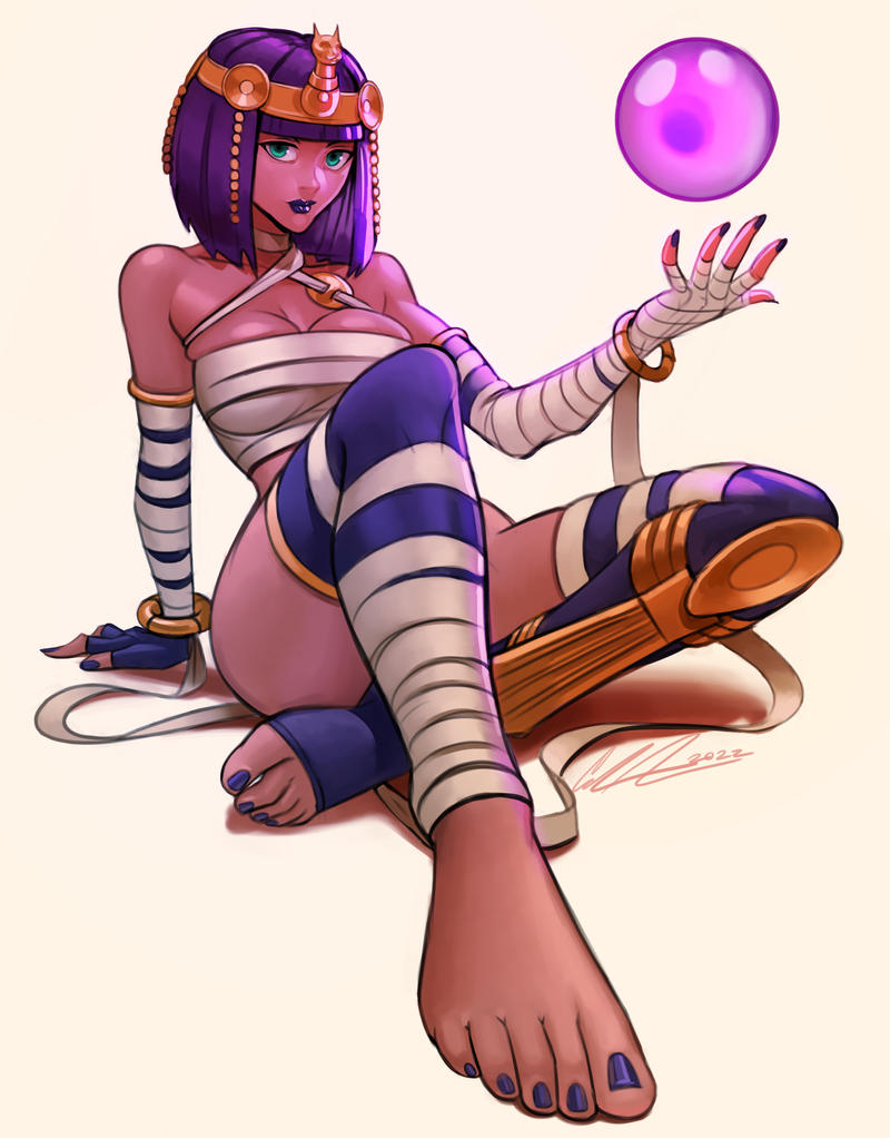 1girls 2d bandage barefoot big_breasts bob_cut calvin_sims_art capcom egyptian egyptian_clothes egyptian_headdress feet female female_only half-dressed headwear lipstick looking_at_viewer magic_user menat middle_eastern middle_eastern_clothing middle_eastern_female mummy mummy_costume nail_polish orb pharaoh purple_hair purple_lipstick purple_nail_polish sitting street_fighter street_fighter_v tan-skinned_female teal_eyes toeless_legwear toes