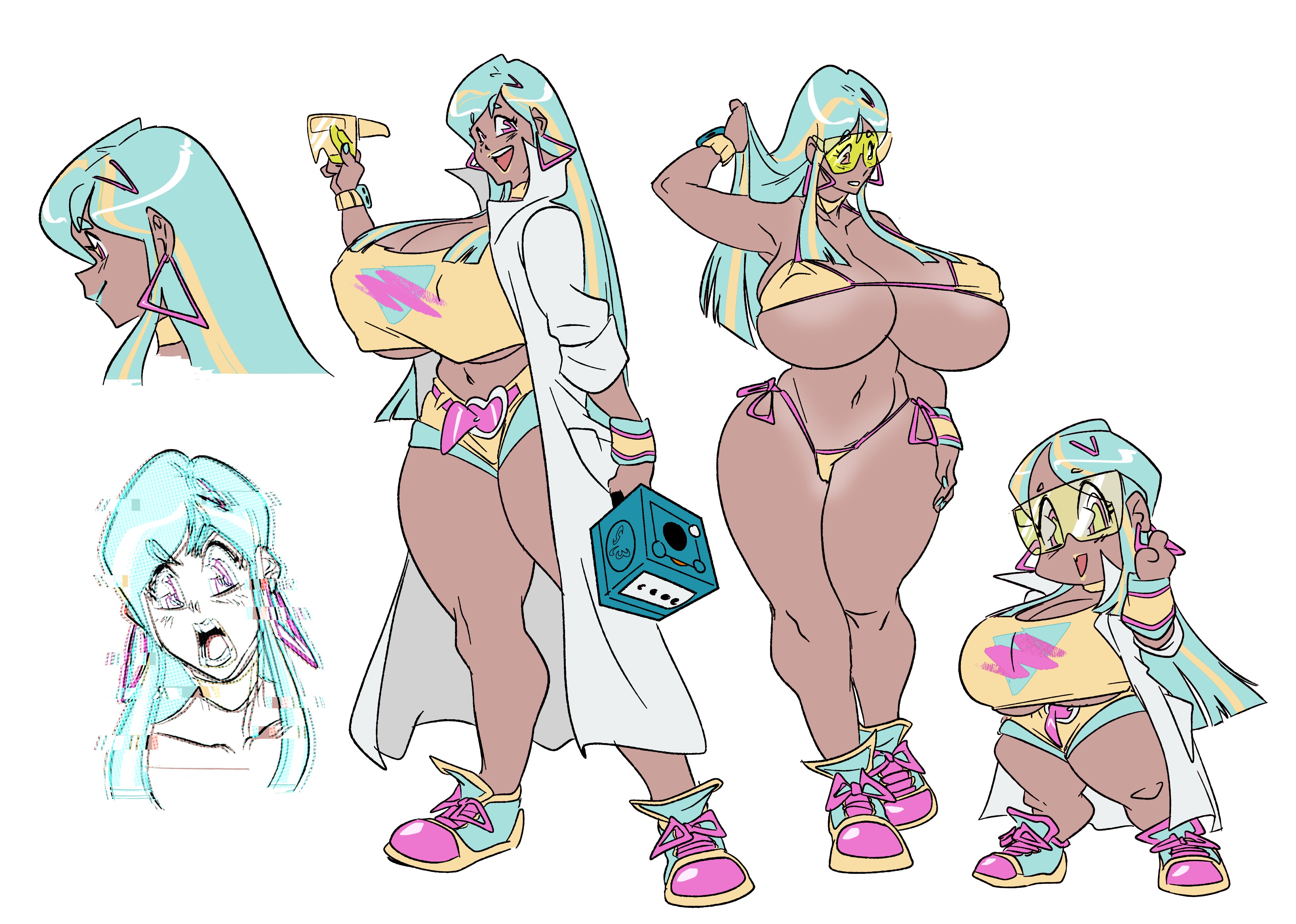 bikini, blue hair, blue lips, breasts, cleavage, covered erect nipples, doctor, dr.cyan, eyewear on head, eyewear removed, female, female focus, female only, gigantic breasts, glasses, highres, huge breasts, large breasts, massive breasts, original, original character, shortstack, slb, sunglasses, sunglasses on head, sunglasses removed