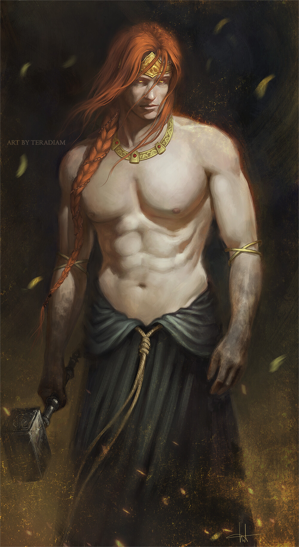 abs, armbands, armlet, braid, braided hair, crown, deity, dilf, elden ring, fromsoftware, gold (metal), gold jewelry, jewelry, long hair, long-haired male, male, male only, muscular, muscular male, necklace, orange hair, painting (artwork), pecs, radagon of the golden order, red hair, single braid, solo, teradiam, topless, topless male, weapon, yellow eyes