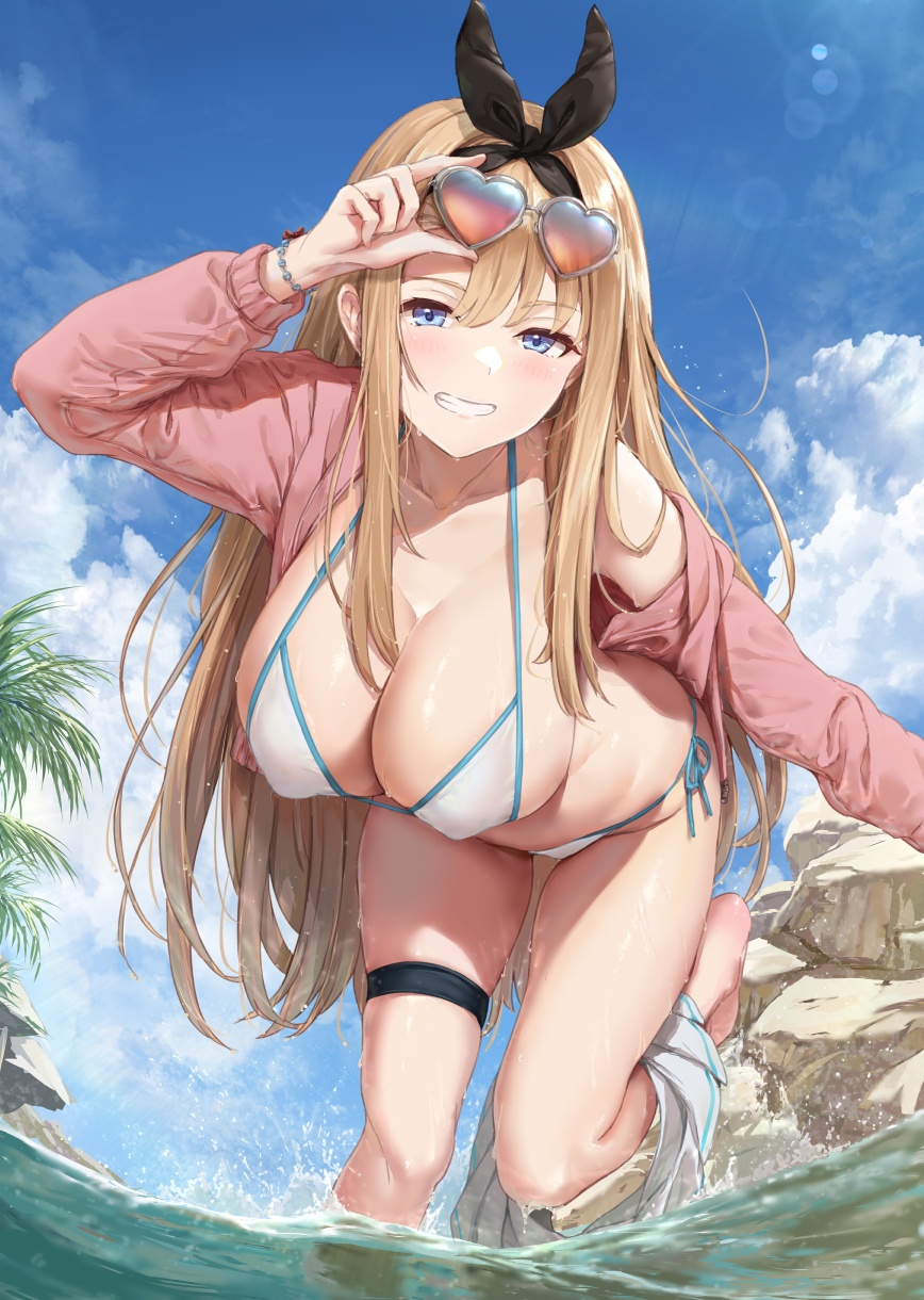 1girls 2022 akita_hika bangs bent_over bikini blonde_hair blue_eyes breasts cleavage cloud cloudy_sky collarbone covered_nipples female female female_focus female_only grin hanging_breasts heart heart-shaped_eyewear highres jacket large_breasts light_blush long_hair looking_at_viewer midriff open_clothes open_jacket original outdoors palm_tree partially_submerged pink_jacket pleated_skirt rock side-tie_bikini_bottom skindentation skirt skirt_around_one_leg sky smile solo solo_female standing standing_on_one_leg swimsuit thigh_strap thighs tree very_long_hair water white_bikini white_skirt