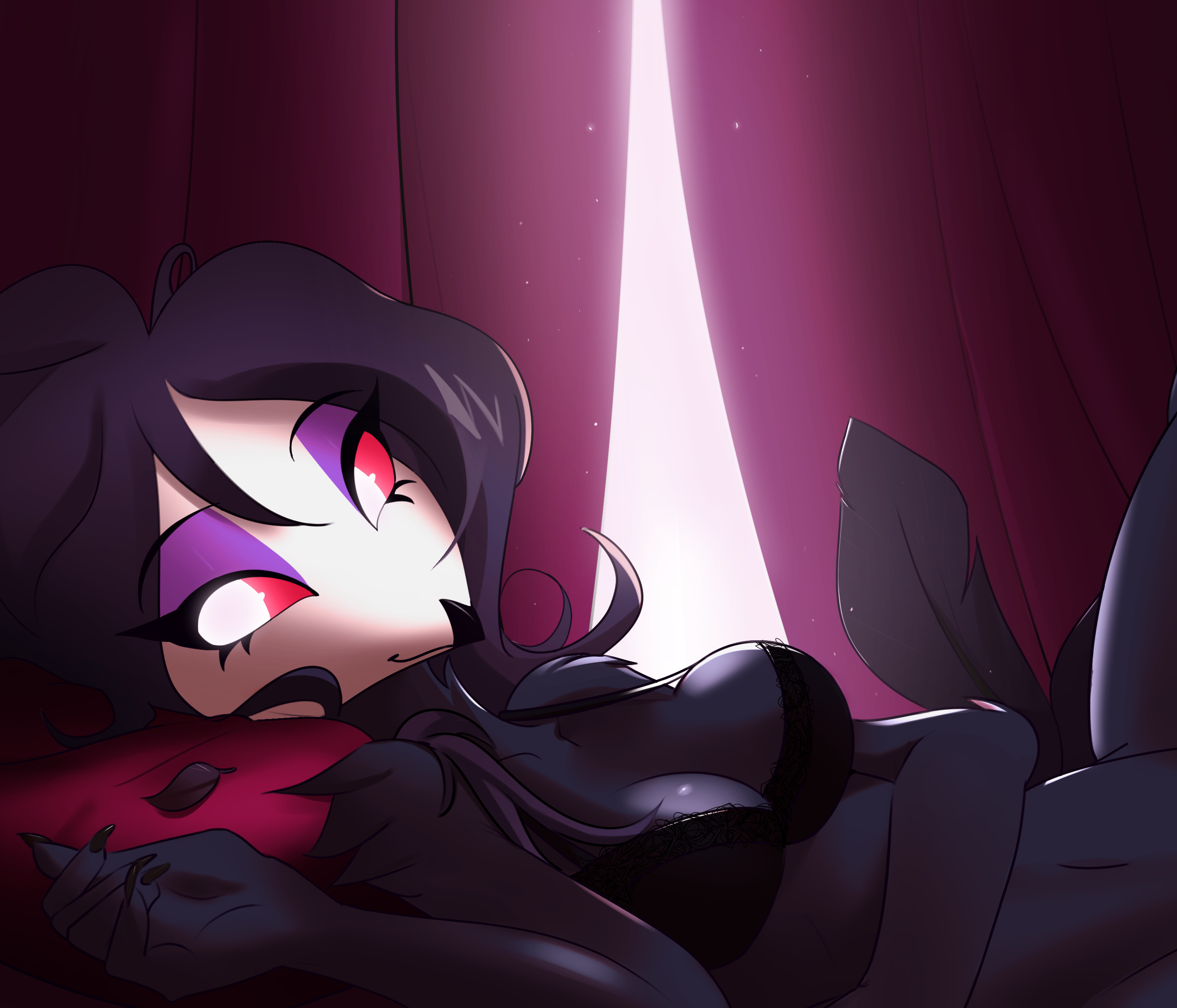 1girls, anthro, avian, avian demon, beak, bed, bird humanoid, blush, breasts, cute, cute expression, cute eyes, cute face, demon, demon girl, eyelashes, feathers, female, female focus, female only, glowing eyes, grey body, hair, helluva boss, humanoid, jesterwing, long hair, looking at viewer, makeup, mascara, non-mammal breasts, octavia (helluva boss), owl, owl demon, pink eyes, pink sclera, solo, tail feathers, white eyes, white pupils