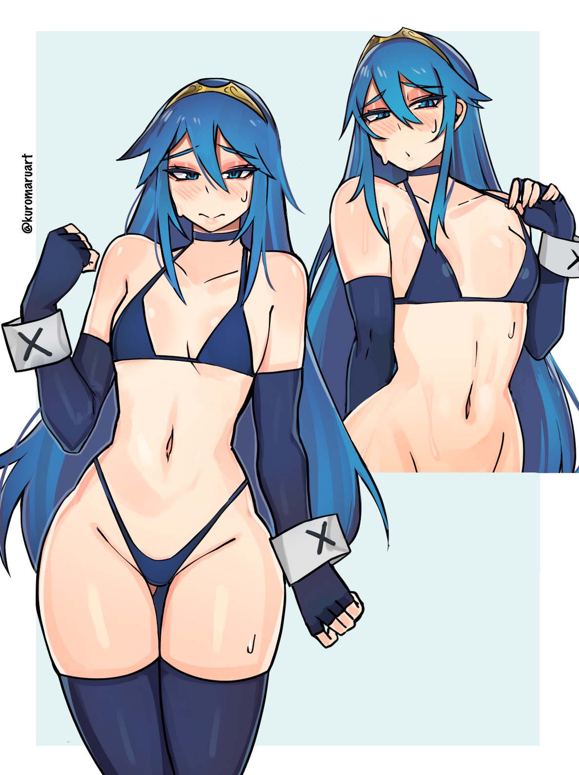 1girl, 1girls, ass, bangs, bikini, blue eyes, blue hair, blue panties, blush, bra, breasts, choker, embarrassed, female, female only, fire emblem, fire emblem awakening, flat chest, flustered, gloves, highleg, highleg bikini, highres, kuromaruart, light skin, light-skinned female, long hair, looking at viewer, lucina (fire emblem), navel, nervous, nintendo, panties, small breasts, solo, solo female, swimsuit, thighhighs, thighs, thong, thong bikini, tiara, underwear