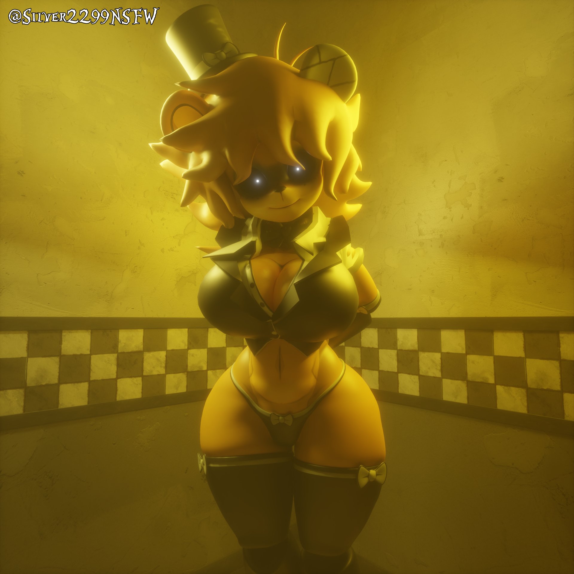 :3, 3d, 3d (artwork), alternate version available, animatronic, anthro, arms behind back, artist name, bear, big breasts, black bowtie, black legwear, black panties, black sclera, black underwear, bowtie, breasts, cally3d, clazzey, cleavage, clothed, clothes, clothing, cryptiacurves, curvy, fazclaire's nightclub, female, five nights at freddy's, fnaf, freddy (fnaf), fredina (cally3d), fredina's nightclub, frenni (cryptia), frenni fazclaire, golden freddy, golden freddy (fnaf), golden fredina (cally3d), hi res, hourglass figure, legwear, looking at viewer, panties, randomstuff, scottgames, silver2299, smile, solo, source filmmaker, thick thighs, thighhighs, thighs, type 0, voluptuous, wide hips, yellow body, yellow hair, yellow skin