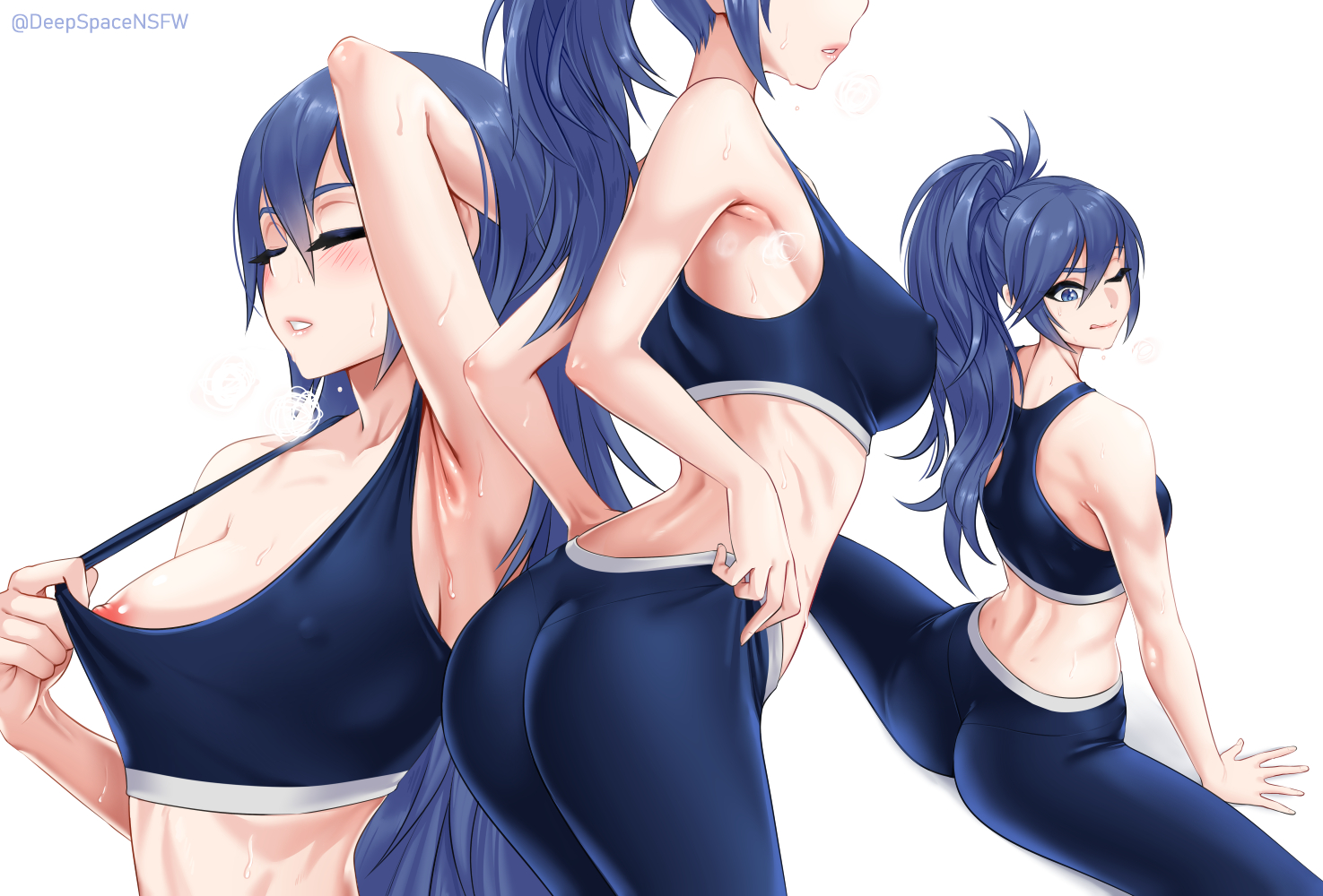 1girls, alternate hairstyle, armpits, ass, big ass, blue hair, breasts, covered nipples, deepspace, female, female only, fire emblem, fire emblem awakening, lucina (fire emblem), medium breasts, nintendo, nipples, one eye closed, ponytail, solo, sports bra, sportswear, spread legs, sweaty