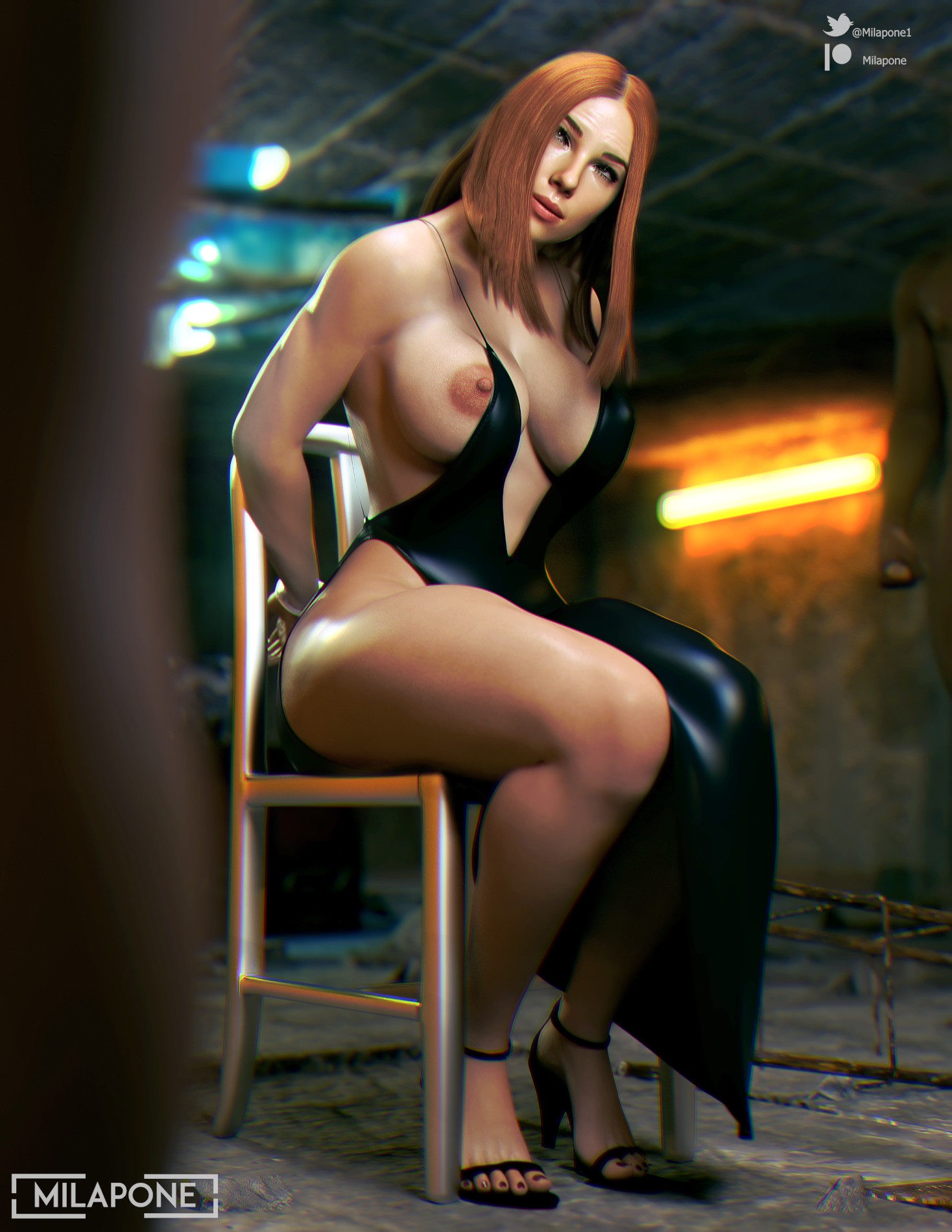1girls, 3d, black widow (marvel), breasts, captured, captured heroine, chair, chair bondage, exposed breasts, female, female focus, hi res, large breasts, marvel, marvel comics, milapone, natasha romanoff, scarlett johansson, solo, tied to chair