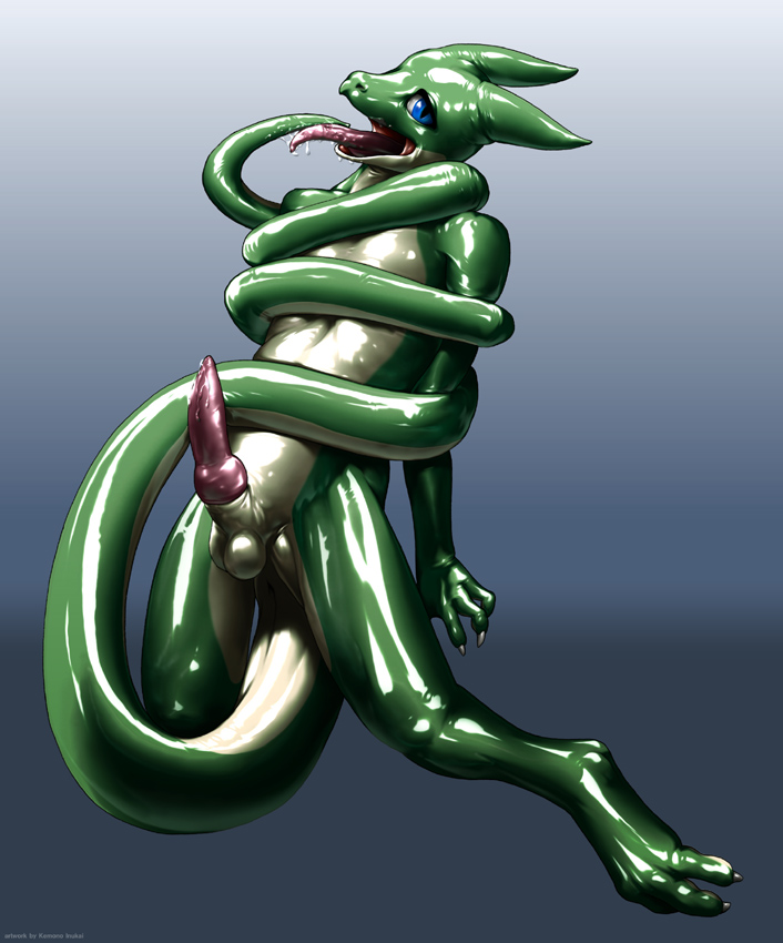 1boy blue_eyes erection kemono_inukai knot licking lizard looking_at_viewer male male_only penis scalie solo tail testicles