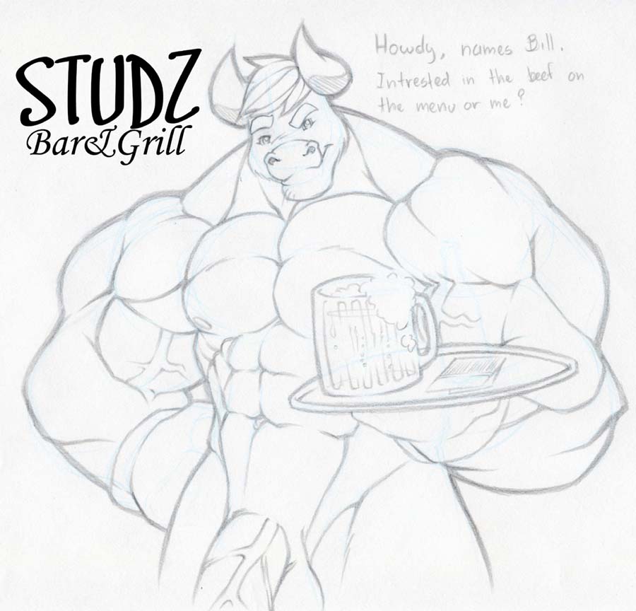 1boy alcohol balls beer bovine bull grin horns looking_at_viewer male male_only muscles nude penis sketch solo standing tkc2021