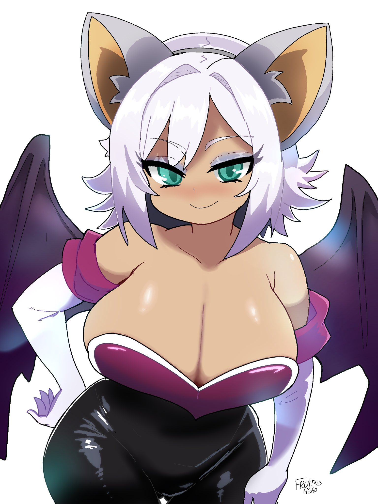 1girls, 2d, animal ears, background, bat wings, blue eyes, blush, breasts, busty, cleavage, cleavage overflow, color, digital media (artwork), eyebrows, eyebrows visible through hair, eyelashes, eyeshadow, female, front view, fruitheadart, gijinka, gloves, hair accessory, hand on hip, healerart, hourglass figure, huge breasts, human rouge, humanized, humanoid, large breasts, latex, leotard, long gloves, looking at viewer, mobian, mobian (species), mobian bat, no bra, rouge the bat, sega, shaded, short hair, smile, smiling at viewer, solo, solo female, solo focus, sonic (series), sonic adventure 2, sonic the hedgehog (series), spandex, tan body, thick thighs, thigh gap, thin waist, white background, white hair, wide hips, wings