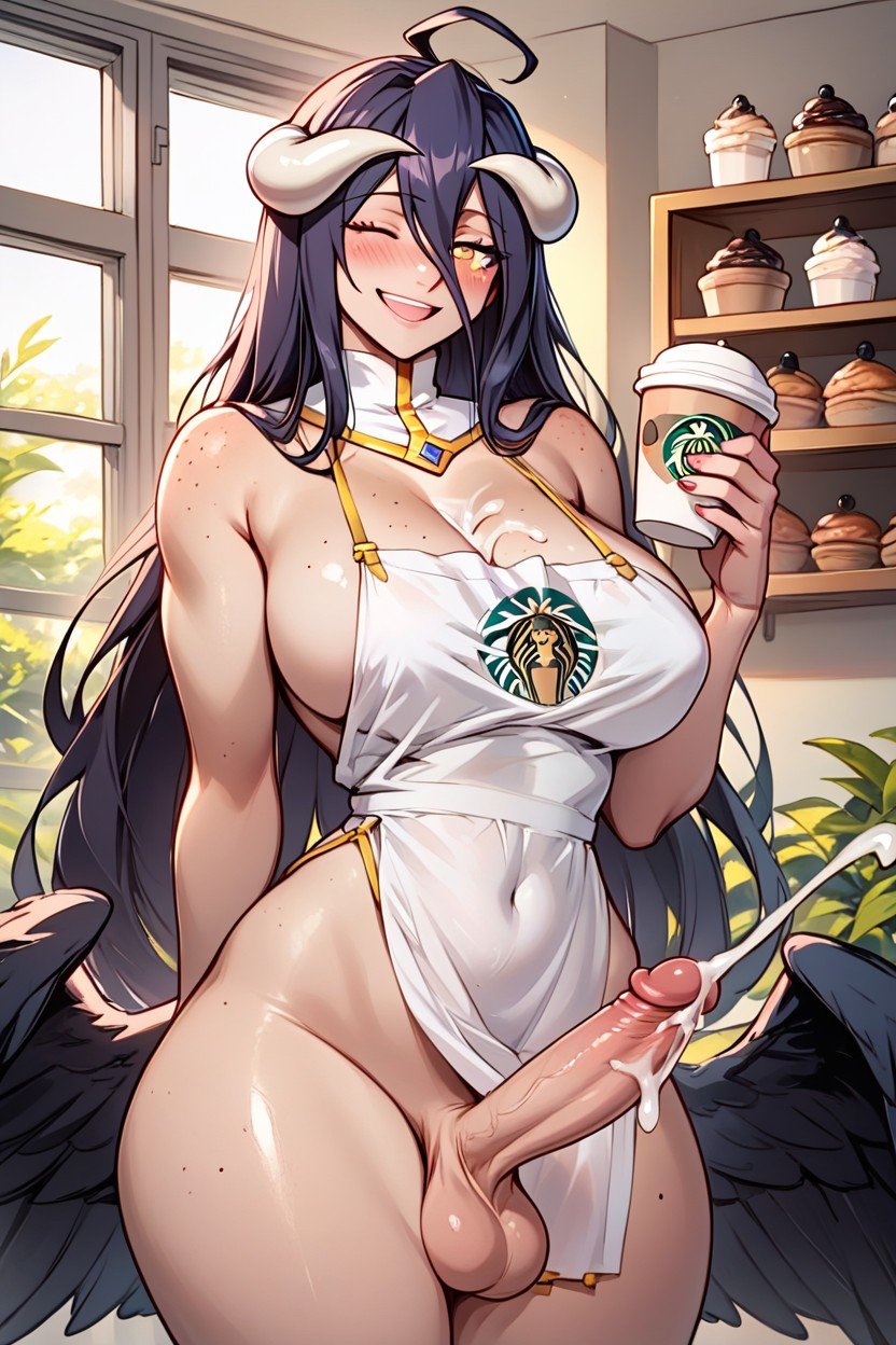 1futa ai_generated albedo albedo_(overlord) apron black_hair cleavage cum cum_on_breasts demon_girl ejaculation futanari handsfree_ejaculation horns large_breasts light-skinned_futanari light_skin looking_at_viewer naked_apron one_eye_closed purple_hair smile solo wide_hips wink yellow_eyes