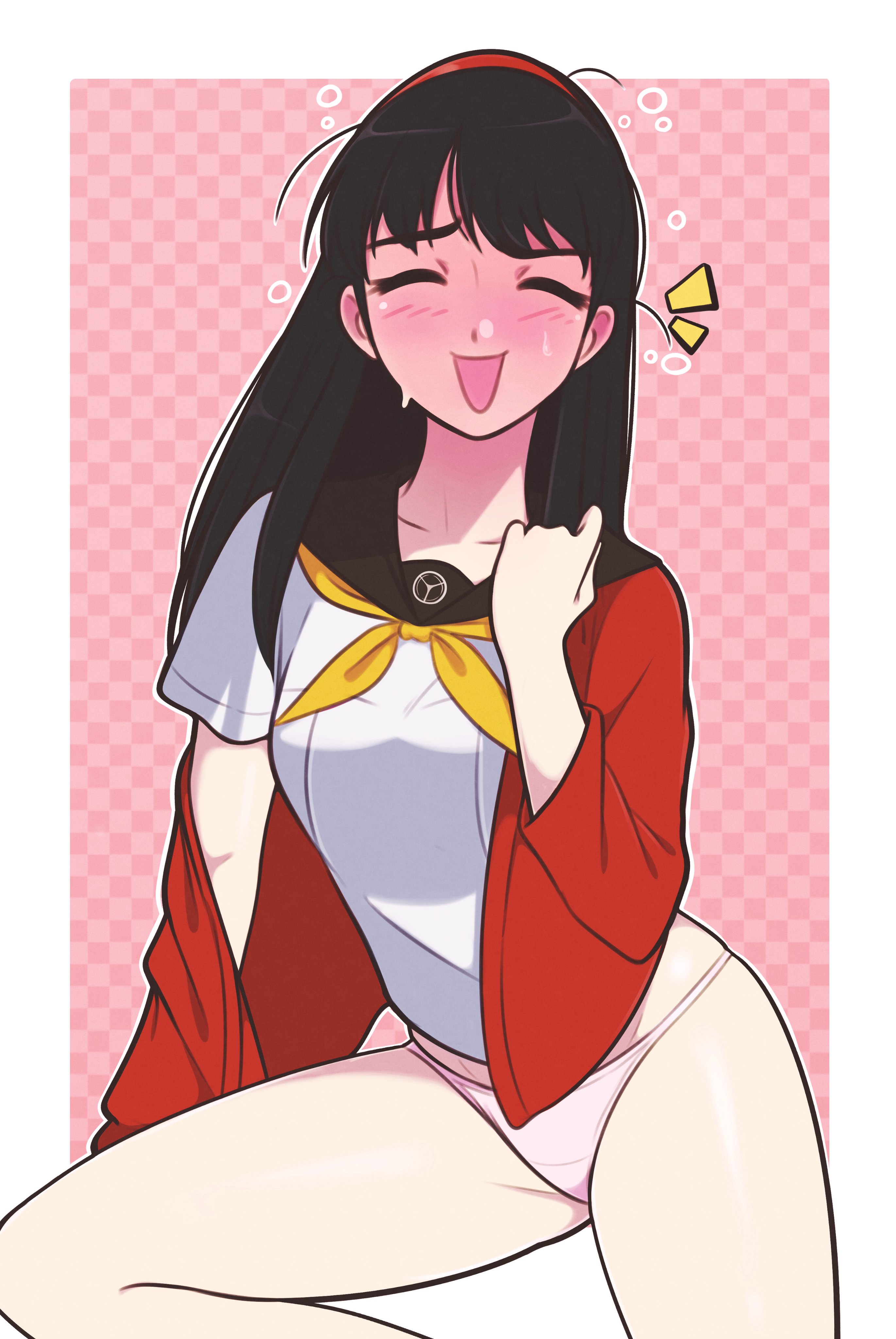 1girls, amagi yukiko, black hair, blush, closed eyes, clothing, drunk, eyes closed, female, female only, hairband, jeffmiga, no pants, panties, persona, persona 4, sailor collar, school uniform, serafuku, solo, solo focus