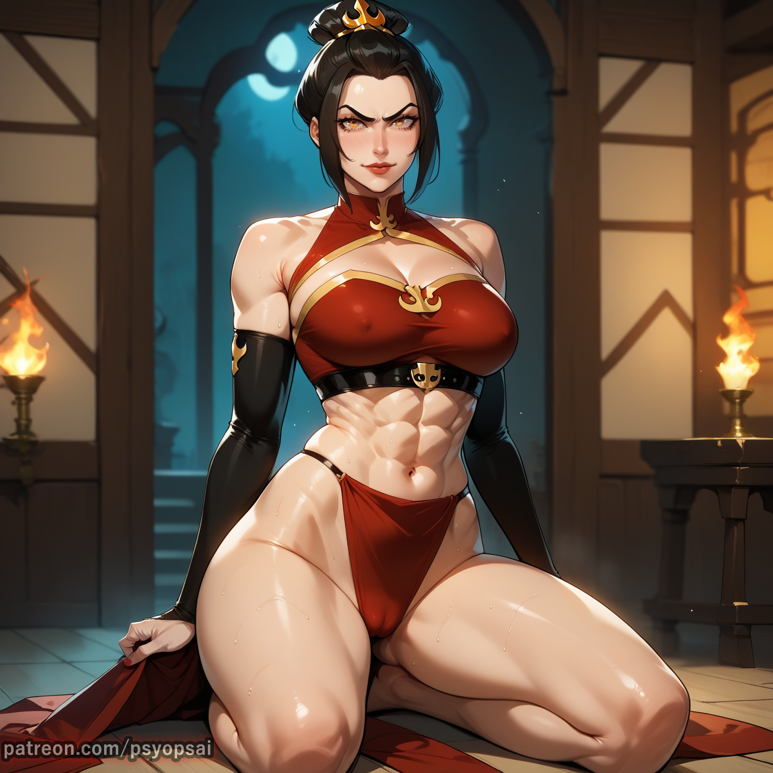 abs, ai generated, artist name, avatar legends, avatar the last airbender, azula, bra, cameltoe, clothing, colored, curvy, digital media (artwork), elbow gloves, erect nipples, female, female focus, female only, fit, fit female, from below, front view, kneeling, latex, legs, lingerie, mommy, muscles, nipples, nipples visible through clothing, panties, presenting, psyopsai, pussy, solo, solo focus, spread legs, thick thighs, thighs, underwear, vagina, watermark, wide hips