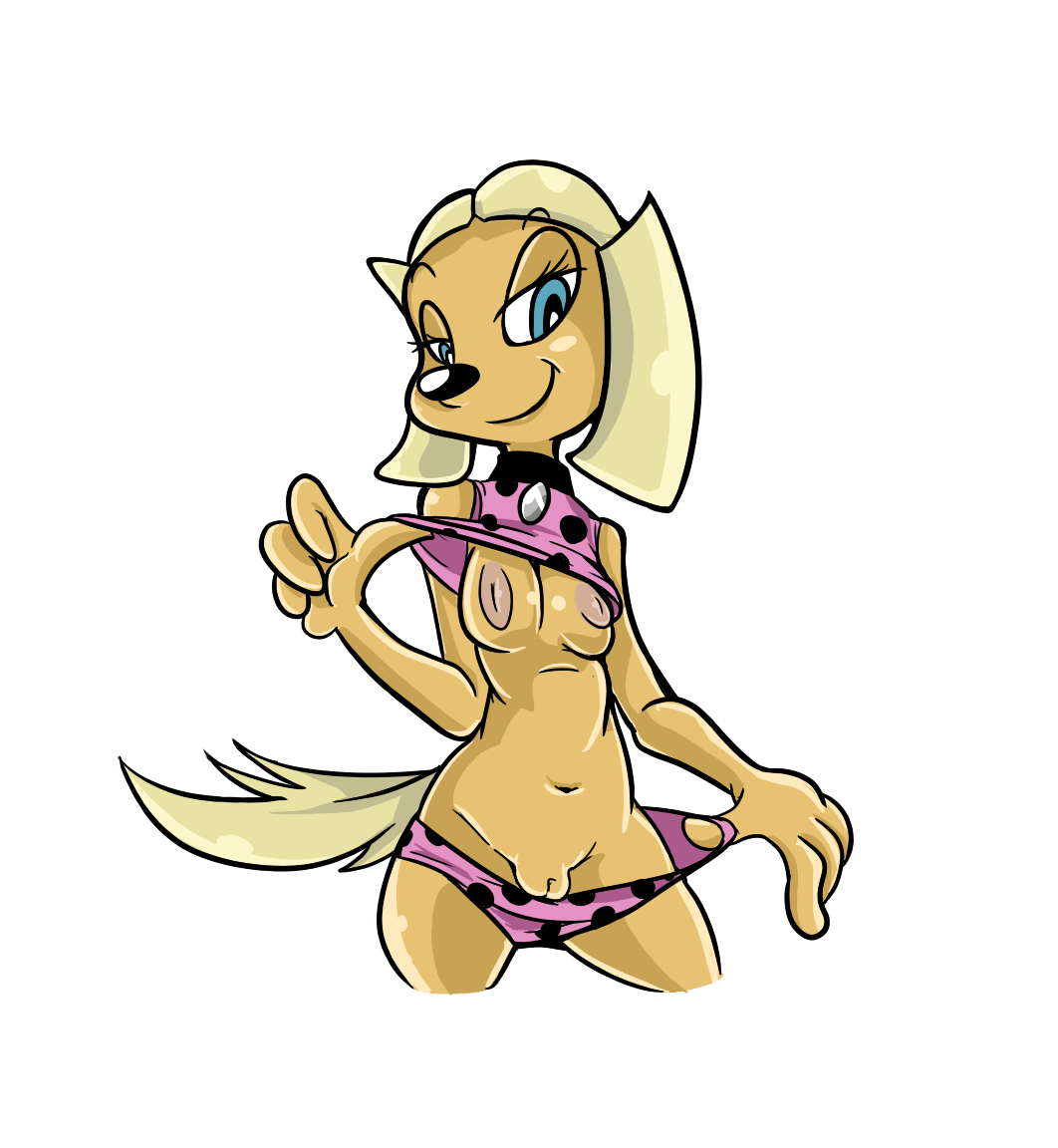 anthro blonde_hair brandy_and_mr._whiskers brandy_harrington camel_toe canid canine canis clothing clothing_pull collar disney domestic_dog female flashing flashing_breasts flashing_pussy hair inverted_nipples mammal nipples panties panty_pull pattern_clothing pattern_topwear polka_dot_panties portrait smile smirk solo spots spotted_clothing spotted_topwear tail three-quarter_portrait topwear twindrills underwear underwear_pull