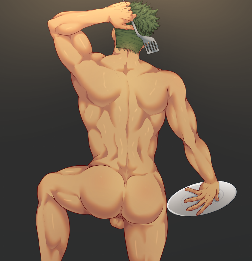 1boy 1male aiden_flynn back_muscles balls bara biceps big_ass camp_buddy dark-skinned_male from_behind gay green_eyes green_hair hanging_balls hunk mikkoukun muscles muscular solo_male thick_ass thighs yaoi