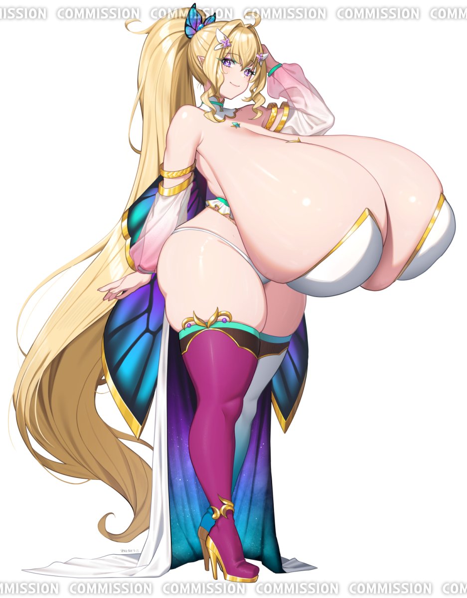 1girls blonde_hair butterfly_hair_ornament high_heels huge_breasts massive_breasts misosiru_is_hot ponytail skimpy thick_thighs thighhighs