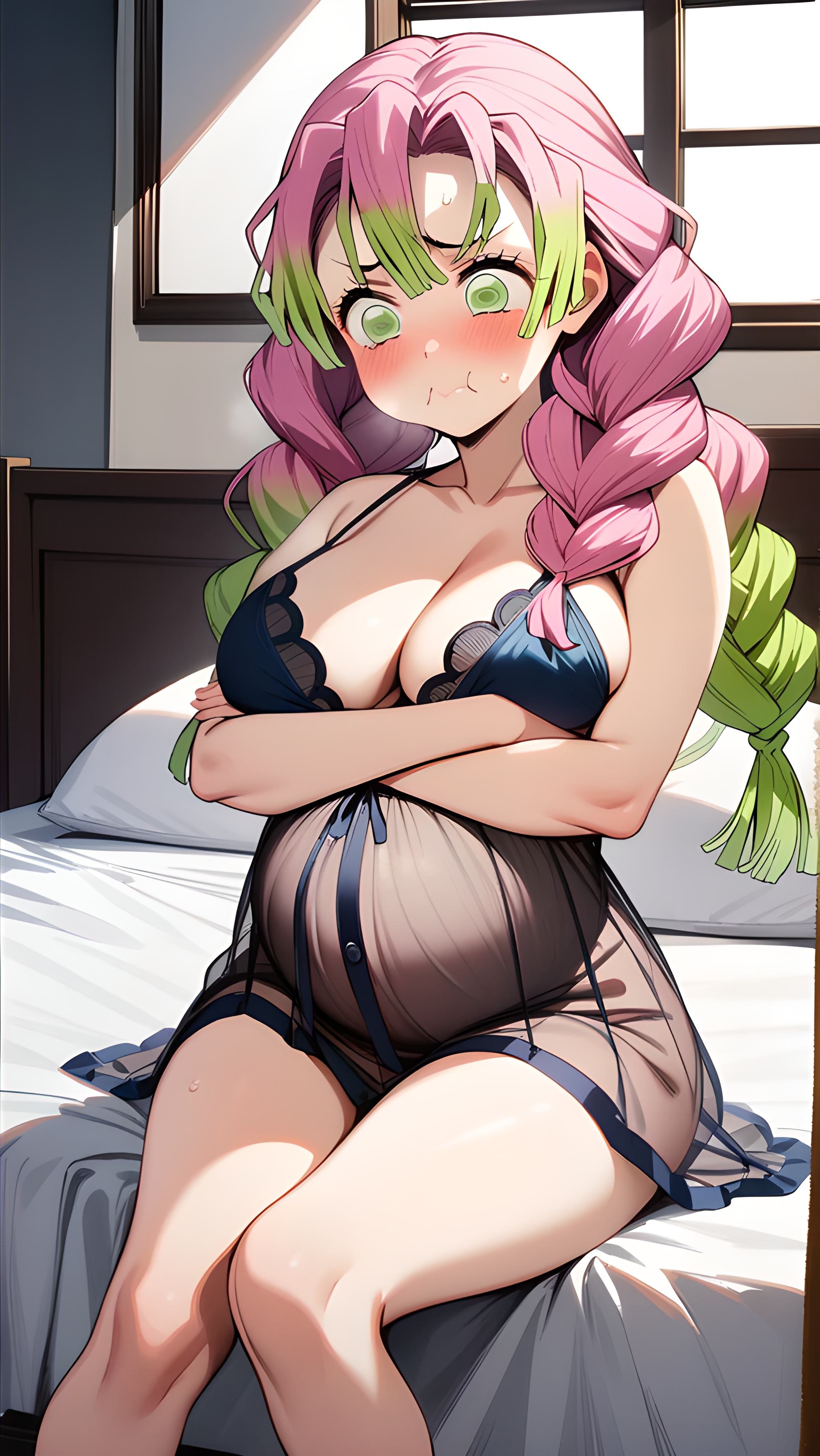 ai generated, annoyed, annoyed expression, crossed arms, crossed legs, demon slayer, female, green eyes, green hair, kanroji mitsuri, kimetsu no yaiba, laugh, lingerie, pink hair, pregnant