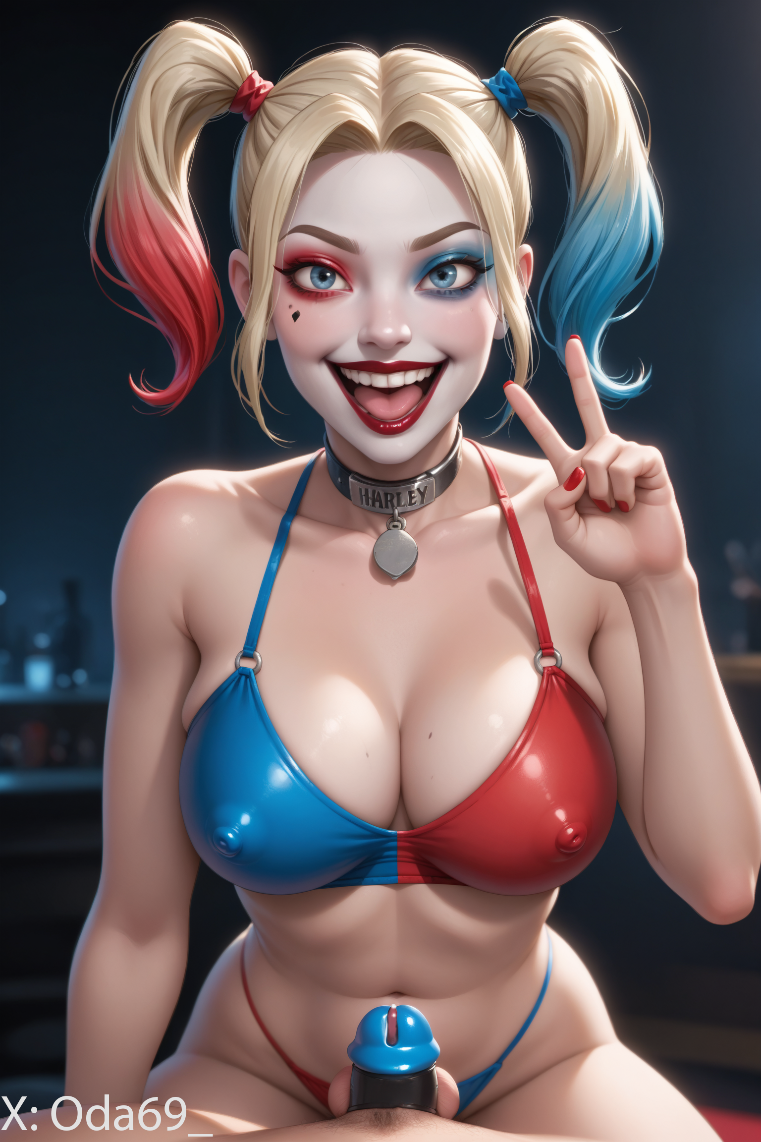 ai generated, batman (series), chastity cage, cuckold, dc, dc comics, female, femdom, harleen quinzel, harley quinn, male, ntr, partial male, penis, small penis humiliation, sph