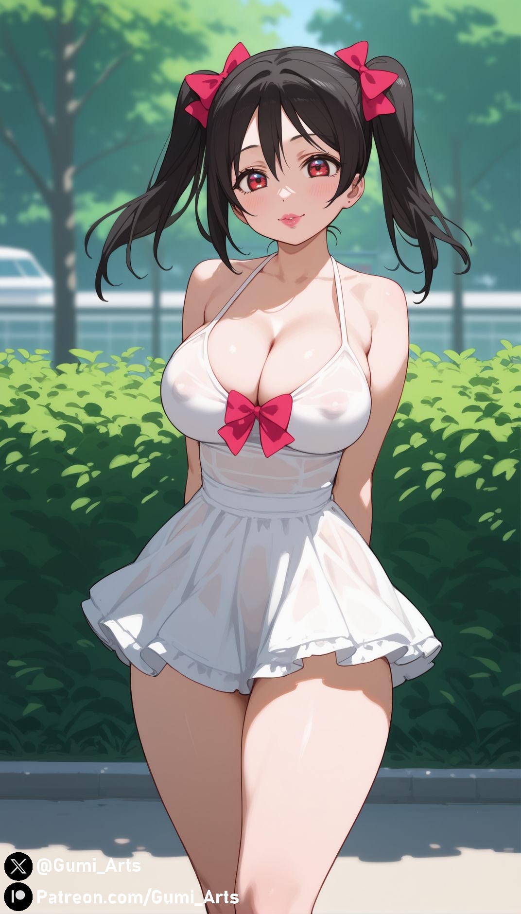 aged up, ai generated, black hair, breasts, cleavage, covered nipples, female, gumi arts, hair ribbon, large breasts, lips, love live!, love live! school idol project, minidress, outdoors, park, red eyes, smile, stable diffusion, sundress, thick thighs, thighs together, twintails, wide hips, yazawa nico