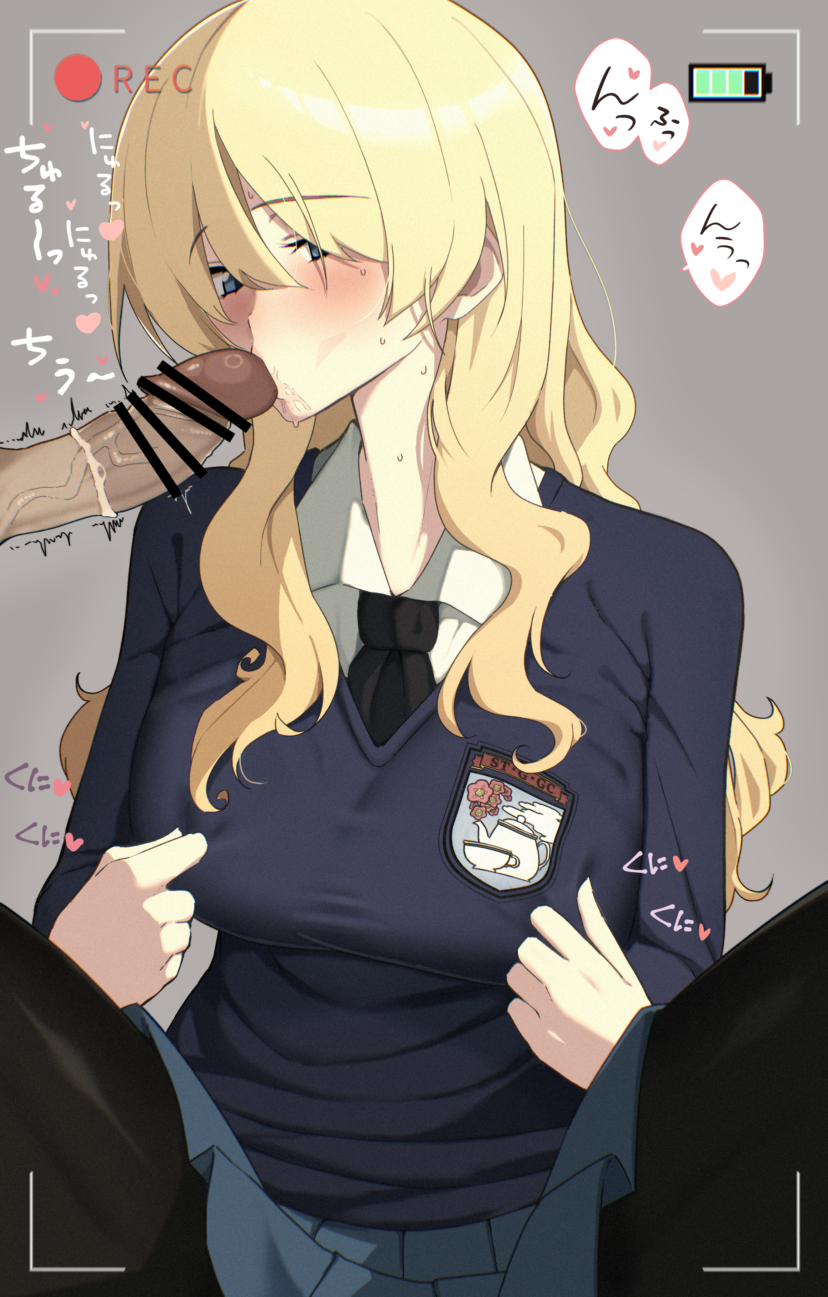 1boy, blonde hair, blush, breasts, censored, darjeeling, fellatio, female, female focus, girls und panzer, large breasts, looking at viewer, male, nipple stimulation, penis, recording, shita (yagisauce 07), sweat