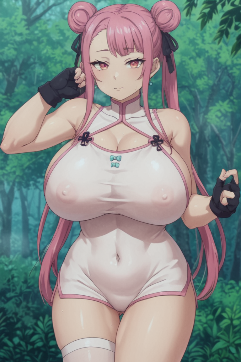 1girls ai_generated asymmetrical_bangs black_gloves chest clothes double_bun dress female fingerless gloves long_hair pink_dress pink_eyes tao_yuifa tensei_shitara_dai_nana_ouji_dattanode,_kimamani_majutsu_o_kiwamemasu