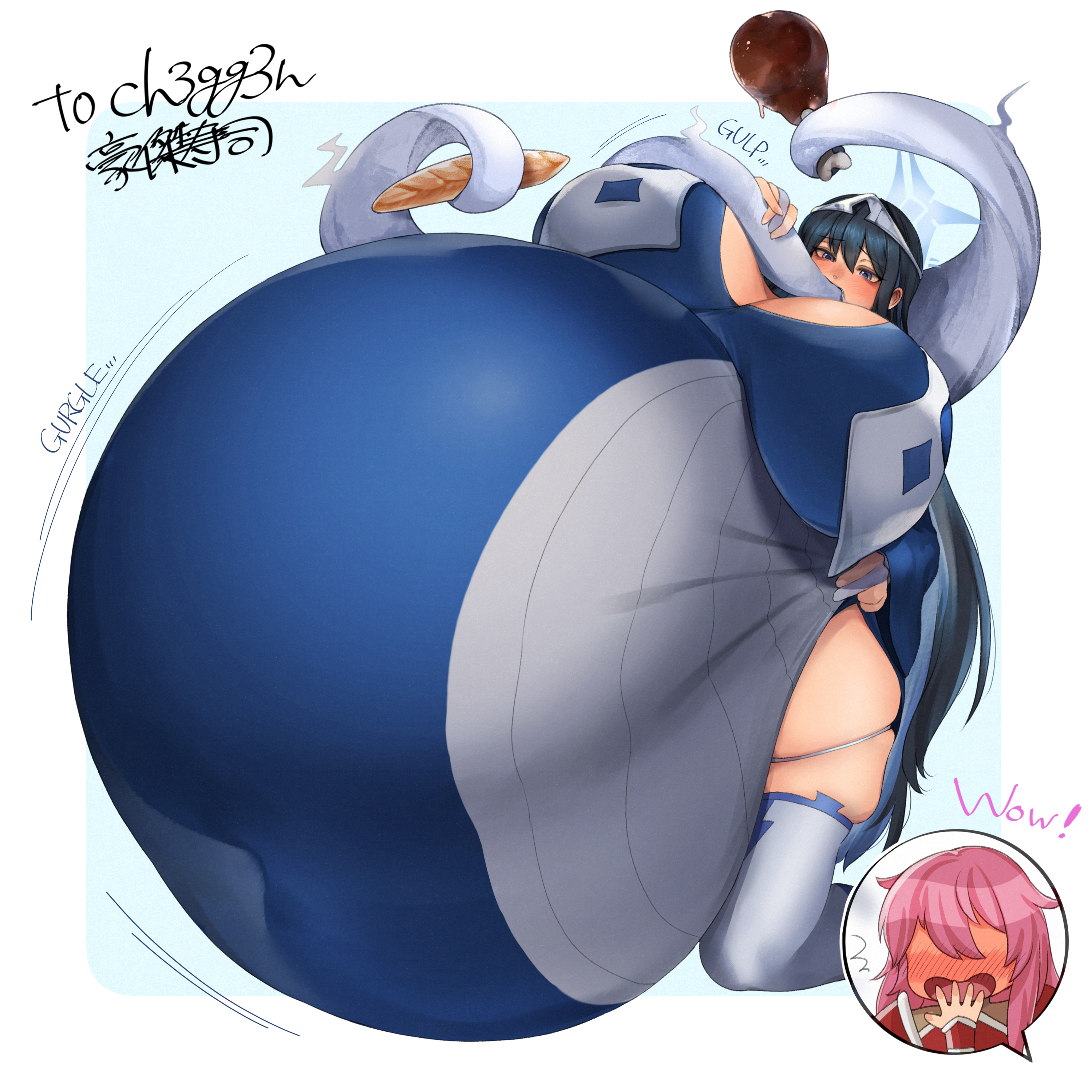 1girls, anthro, belly, big belly, big breasts, bloated belly, breasts, breasts bigger than head, female, force feeding, forced feeding, great sushi man, huge breasts, hyper belly, light skin, light-skinned female, massive belly, offscreen character, onomatopoeia, stuffing, tentacle, text, weight gain