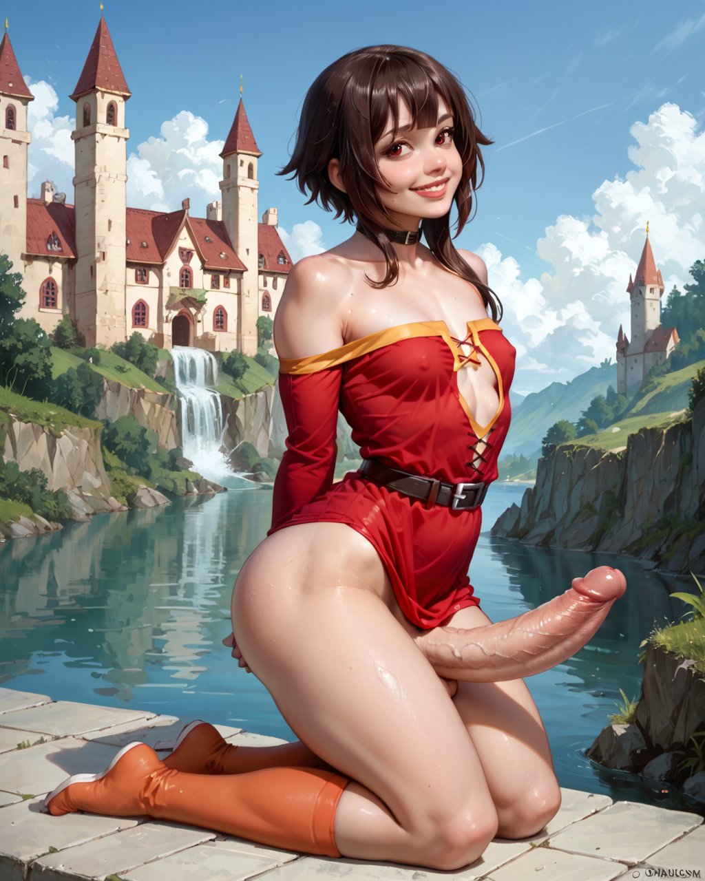 1futa, ai generated, ass, balls, bare legs, bare shoulders, bare thighs, big ass, big balls, big breasts, big butt, big penis, breasts, brown hair, choker, clothed, cock, collar, dick, dickgirl, erect penis, erection, futa only, futanari, hard on, huge cock, huge dick, intersex, kono subarashii sekai ni shukufuku wo!, megumin, no bra, no panties, penis, short hair, small breasts, small tits, smile, solo, thighs, tits