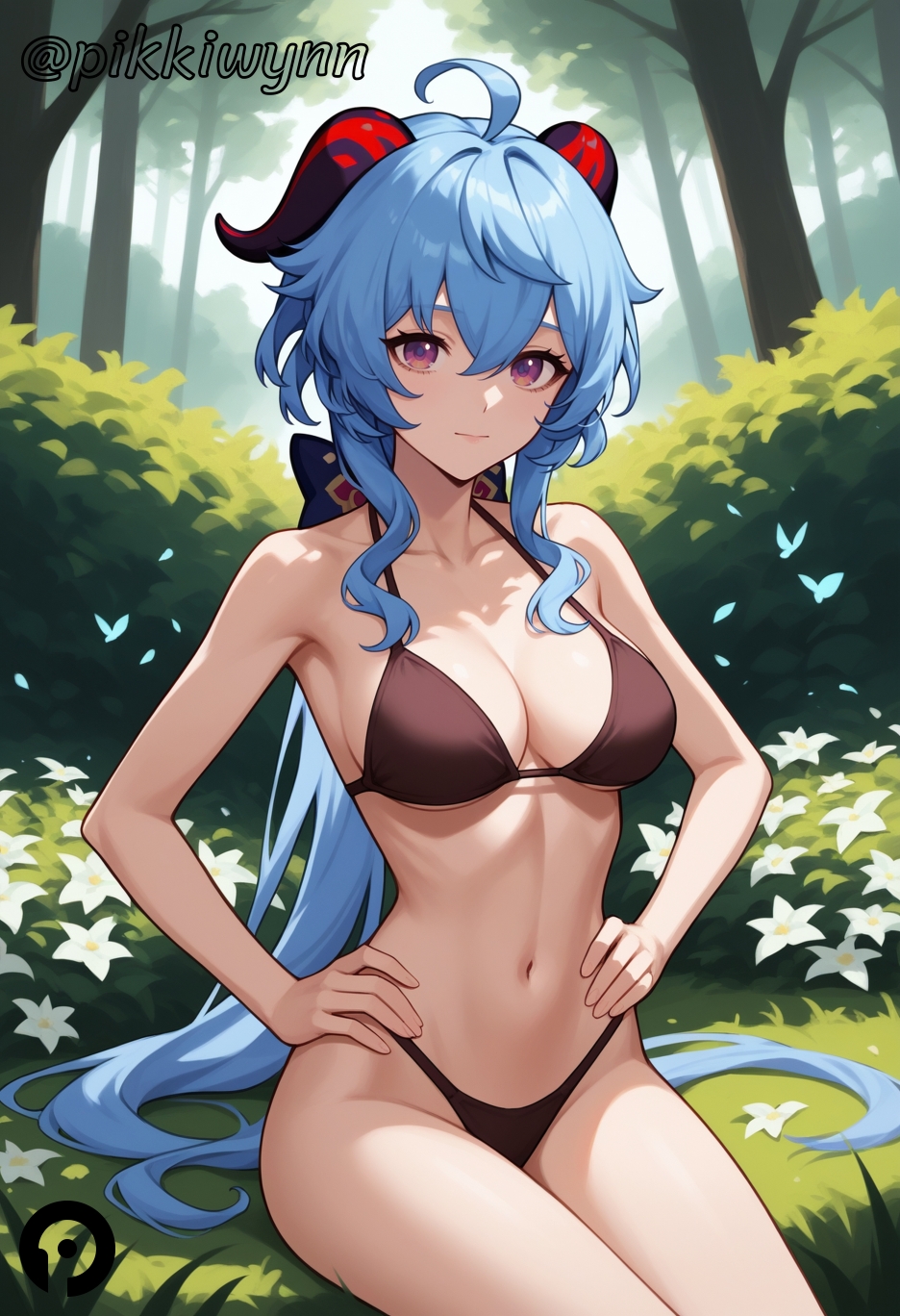 ahoge ai_generated bangs bare_arms bare_shoulders bikini black_bikini blue_hair bow breasts bug bush butterfly cleavage closed_mouth collarbone day female flower forest ganyu_(genshin_impact) genshin_impact goat_horns gradient_eyes grass hair_between_eyes halterneck hands_on_hips highleg highleg_bikini horns long_hair looking_at_viewer low_ponytail medium_breasts multicolored_eyes nature navel outdoors pikkiwynn purple_eyes sidelocks sitting smile solo stomach string_bikini swimsuit thighs tree very_long_hair white_flower