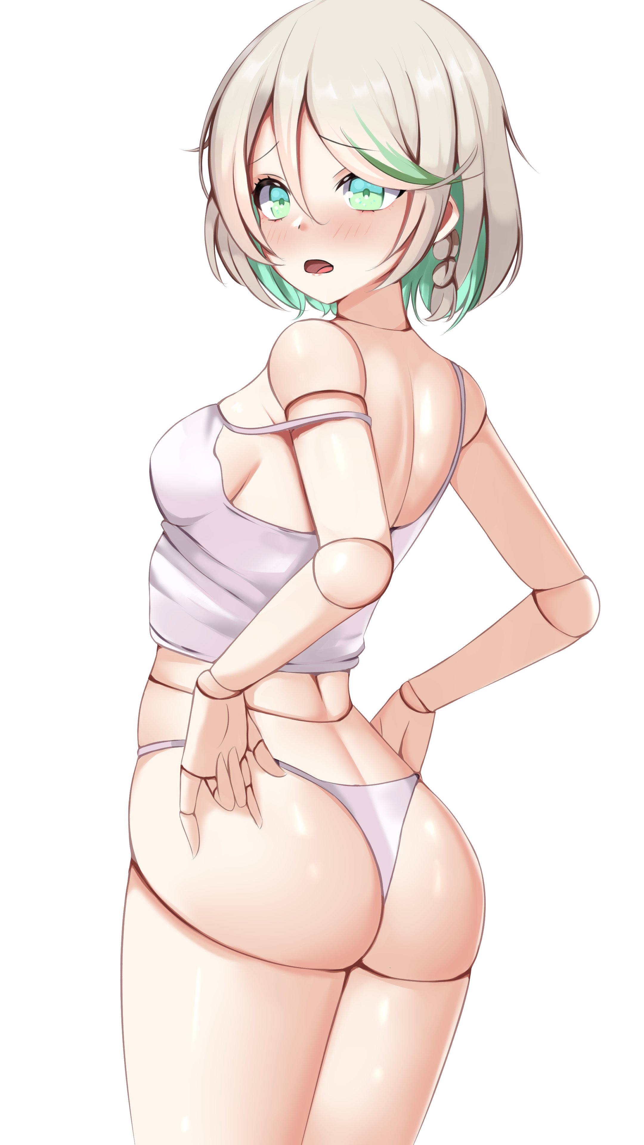 1girls, 2d, 2d (artwork), alternate costume, ass, blush, cecilia immergreen, doll, doll joints, embarrassed, embarrassed female, female, female focus, female only, high resolution, highres, hololive, hololive english, hololive english -justice-, light skin, light-skinned female, looking at viewer, simple background, slim female, solo, solo female, solo focus, standing, thong, virtual youtuber, vtuber, vtuberfanart, white background, white hair, white thong, young, younger female