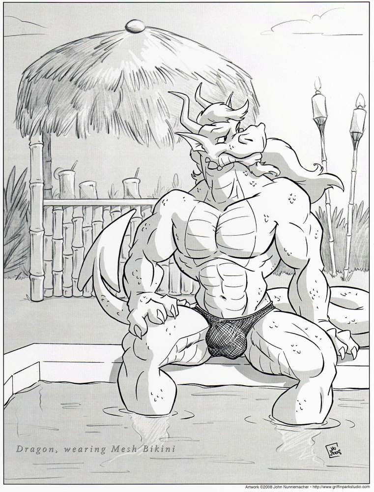 1boy bulge cooner dragon looking_at_viewer male male_only mesh_bikini muscles pool scalie solo swimsuit water