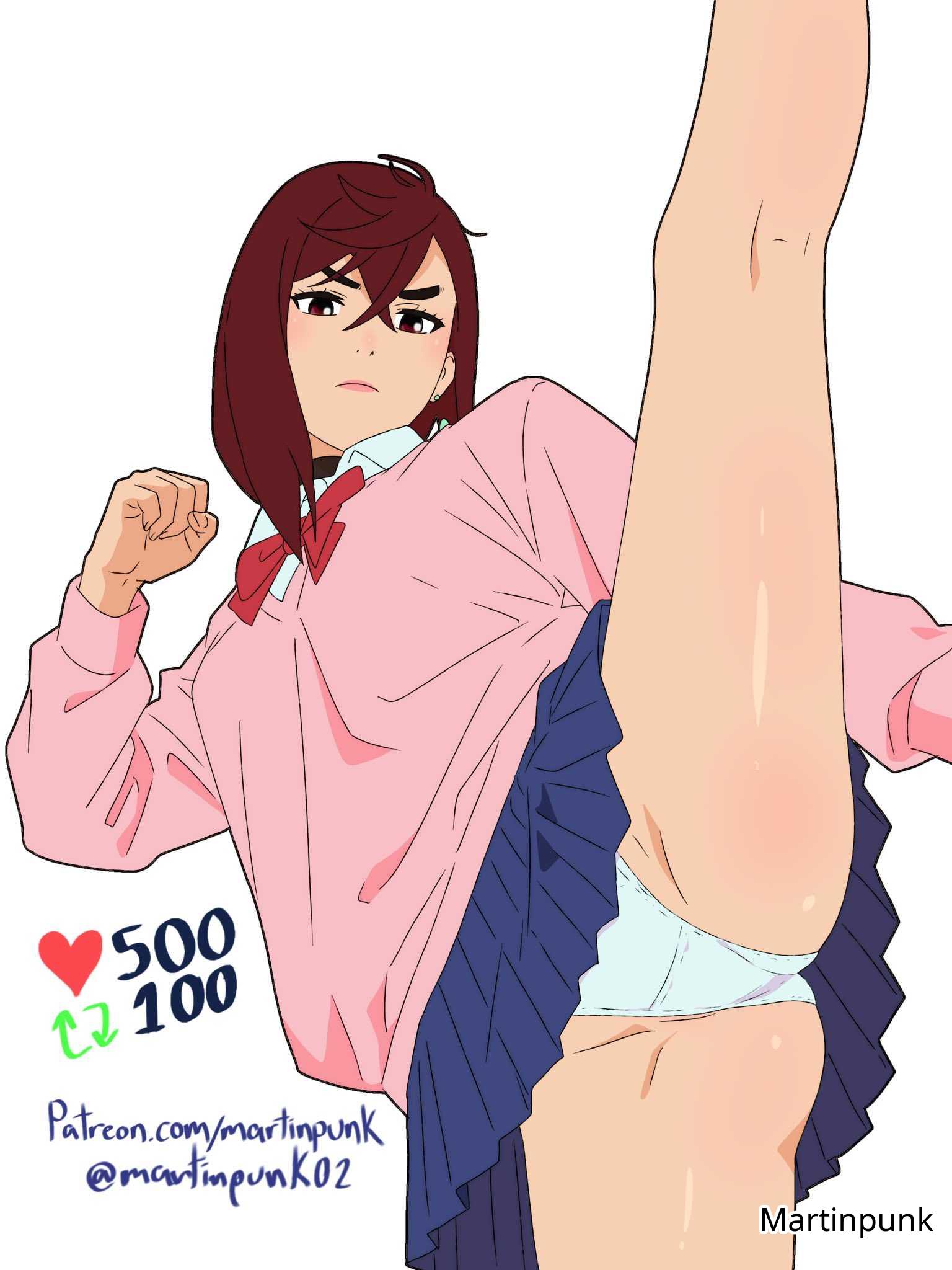 1girls, 2d, 2d (artwork), 2d artwork, ayase momo, bare calves, bare hands, bare knees, bare legs, bare skin, bare thighs, black choker, blue skirt, brown eyes, brown hair, brown-eyed female, brown-haired female, choker, dandadan, digital, digital art, digital drawing, digital drawing (artwork), digital media, digital media (artwork), exposed calves, exposed legs, exposed skin, exposed thighs, female, female focus, female only, fingernails, fingers, foot up, frown, frown eyebrows, frowning, frowning at viewer, groin, hair between eyes, high resolution, highres, kicking, knee up, kneepit, knees, leg up, long hair, looking at viewer, looking down, looking down at viewer, martinpunk, panties, posing, posing for the viewer, simple background, skirt, solo, thick thighs, thighs, underwear, upper body, white background, white panties, white underwear