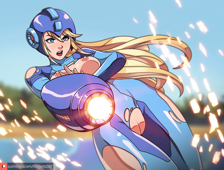 arm_cannon blonde_hair blue_bodysuit blue_eyes bodysuit breasts breasts_out capcom commentary cosplay crossover english_commentary exposed_breasts exposed_pussy female gun helmet kagato007 large_breasts long_hair looking_at_viewer medium_breasts mega_man(classic) mega_man_(character) mega_man_(cosplay) mega_man_(series) metroid mole mole_under_mouth nintendo nipples open_mouth patreon_logo patreon_username ponytail pussy samus_aran simple_background skin_tight solo super_smash_bros. torn_bodysuit torn_clothes uncensored watermark weapon web_address zero_suit