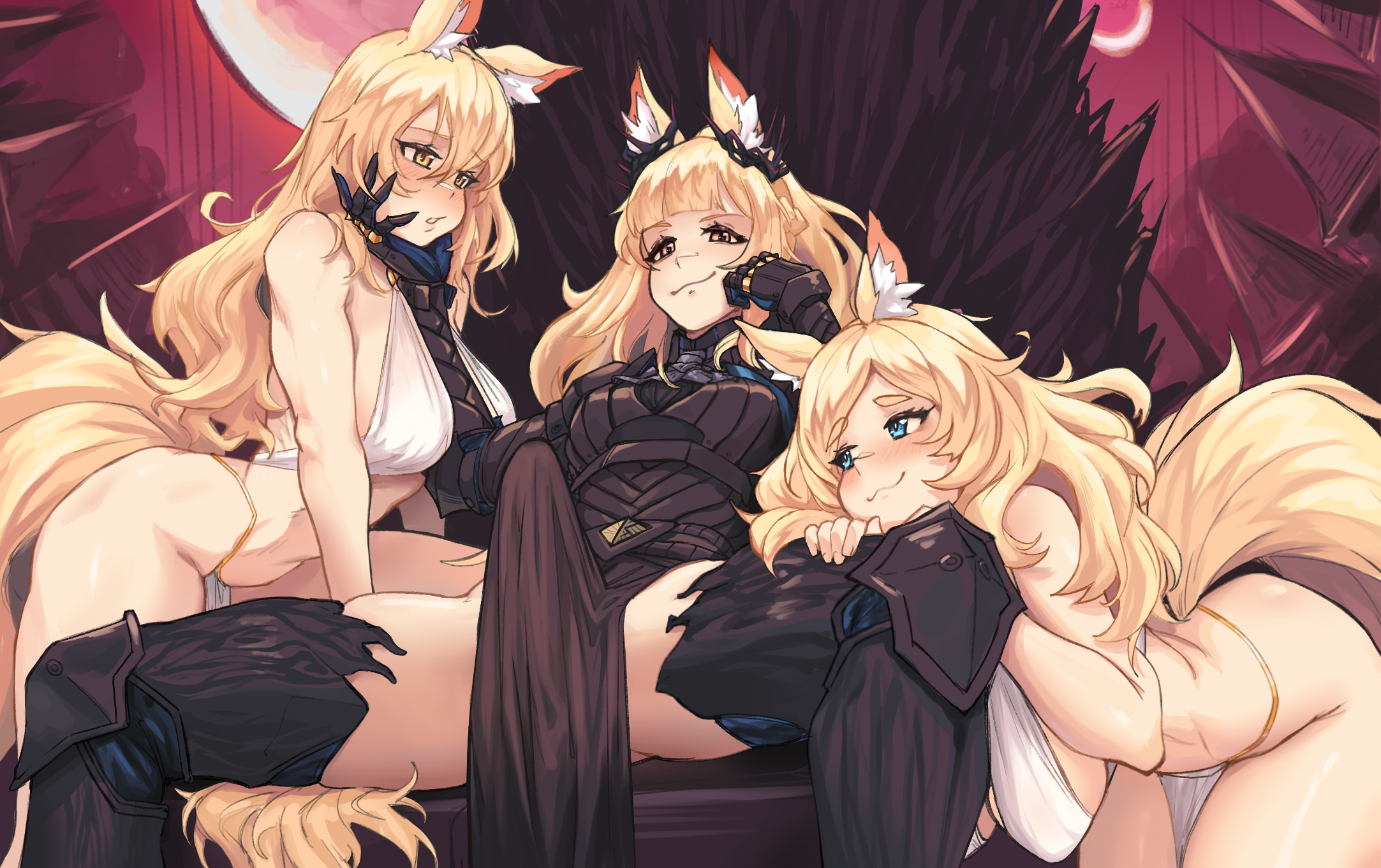 1futa, 1girls, animal ear fluff, animal ears, arknights, balls, bent over, blemishine (arknights), blemishine (moon catastrborn) (arknights), blonde hair, blue eyes, blush, bottomless, breasts, bulge, clothed, clothing, duo, erection, erection under clothes, female, futa on female, futanari, intersex, large breasts, light skin, light-skinned female, light-skinned futa, long hair, multiple females, multiple girls, nearl (arknights), nipples, orange eyes, paid reward, partially clothed, penis, radioneet, sitting, smile, source request, tail, testicles, whislash (arknights), yellow eyes