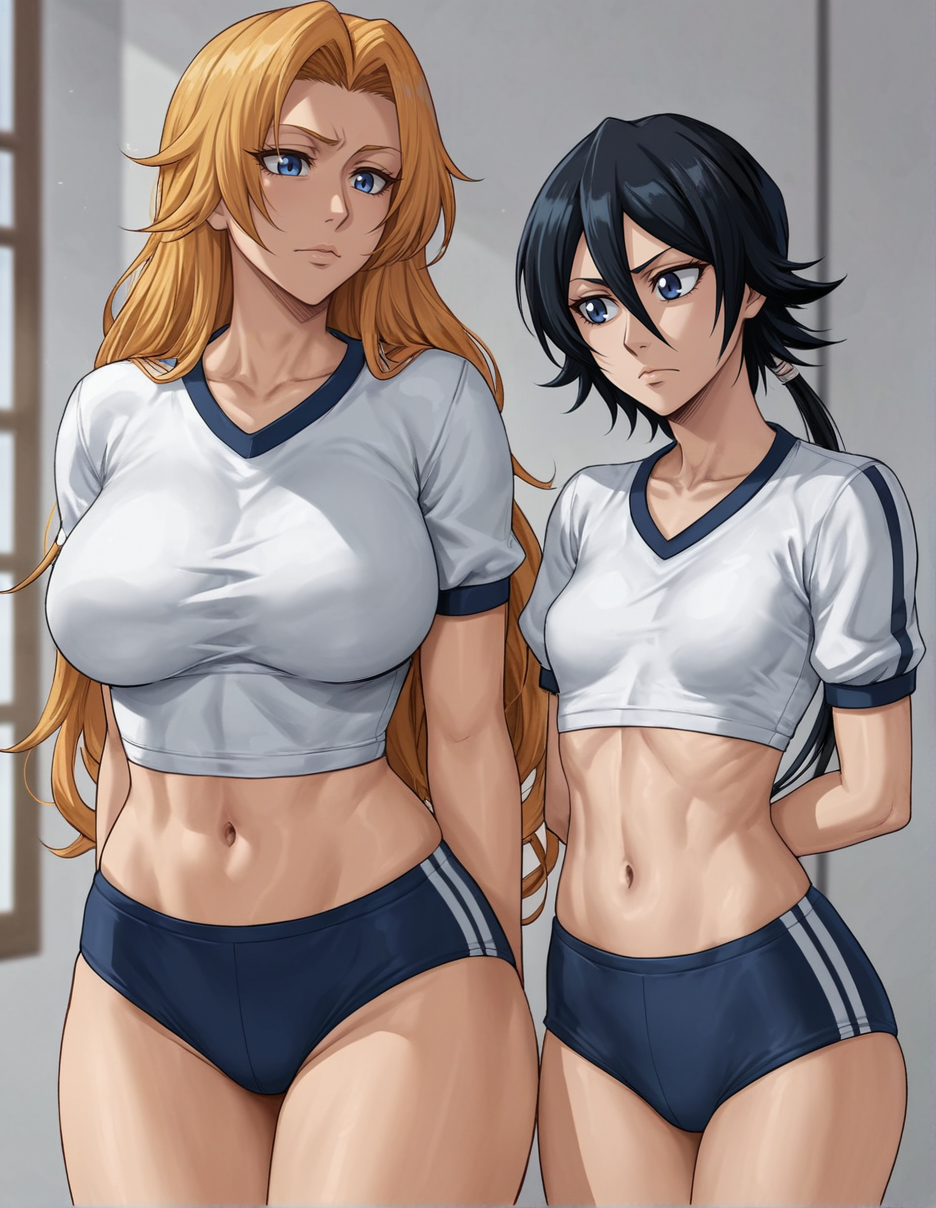 2girls ai_generated big_breasts black_hair bleach blue_buruma blue_eyes breast_envy buruma fit_female gekky_flames ginger_hair gym_clothes gym_uniform hi_res high_resolution highres huge_breasts kuchiki_rukia matsumoto_rangiku navel ponytail small_breasts soifon standing tight_clothing v_neck