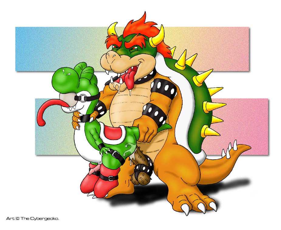 2boys anal anal_sex animal_penis anthro ball_gag ball_separator ball_stretcher balls ballsack barbed_penis bondage bowser cock_ring cum cybergecko erection furry gag gay green_shell horns koopa male male_only mario_(series) nintendo penetration penis scrotum shell size_difference spiky_shell testicles tongue tongue_out toony yoshi