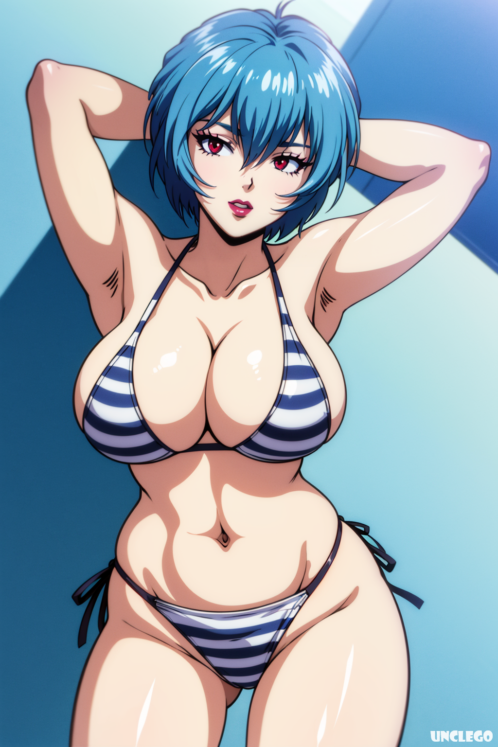 1girls ai_generated arm_behind_head armpits arms_up big_boobs big_breasts big_tits bikini blue_hair bob_cut breasts cleavage clone hips huge_breasts lipstick looking_at_viewer makeup milf navel neon_genesis_evangelion posing red_eyes rei_ayanami self_upload short_hair stable_diffusion string_bikini striped_bikini unclego zebra_print